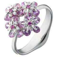 Moiseikin 18 Karat White Gold Diamond Pink Sapphire Forget Me Not Flower Ring