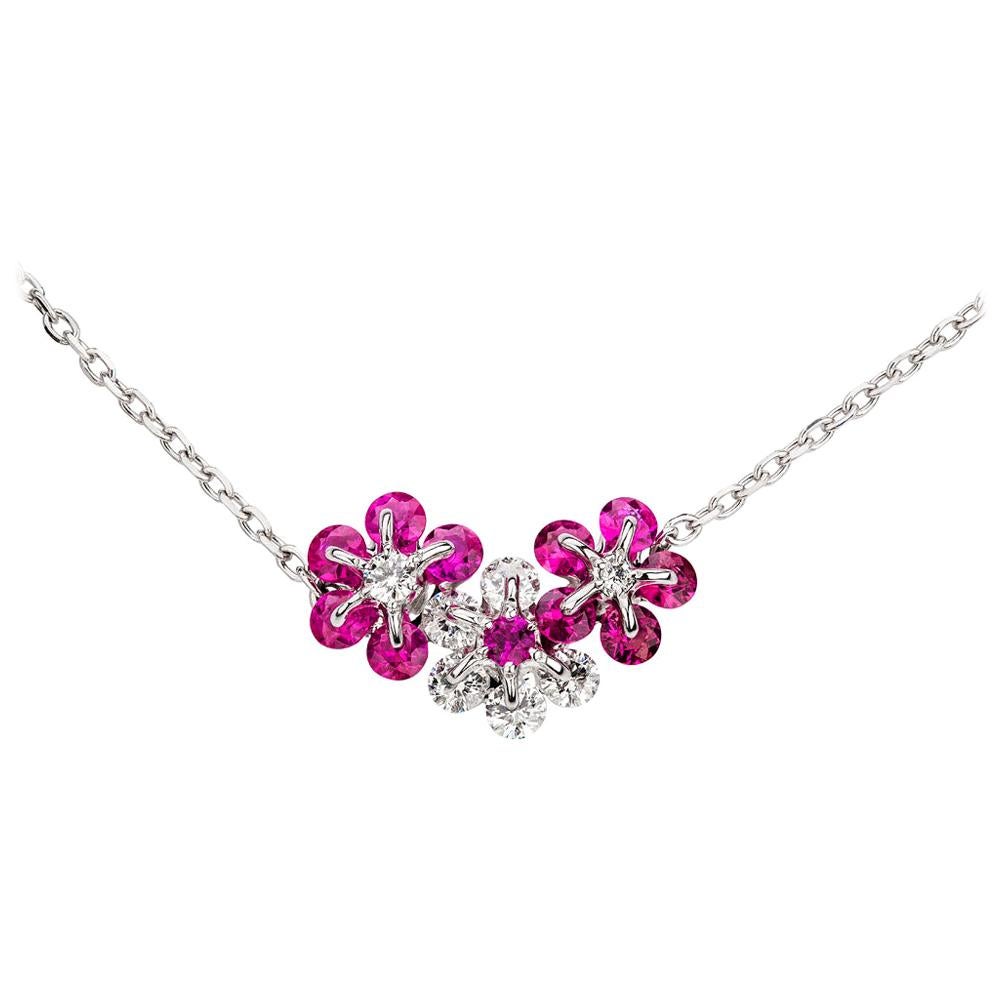 Moiseikin 18 Karat White Gold Diamond Ruby Flower Necklace