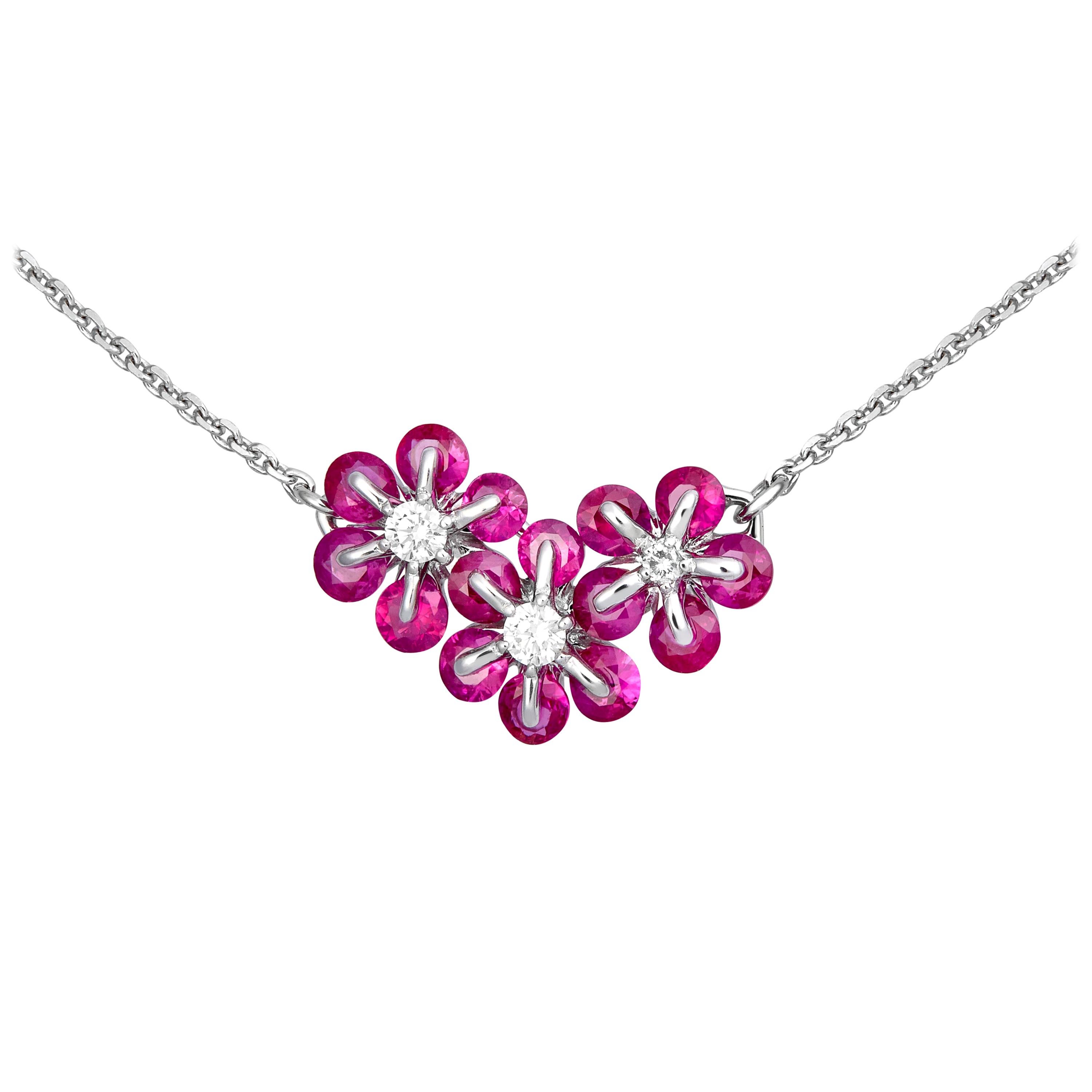 Moiseikin 18 Karat White Gold Ruby Diamond Necklace For Sale