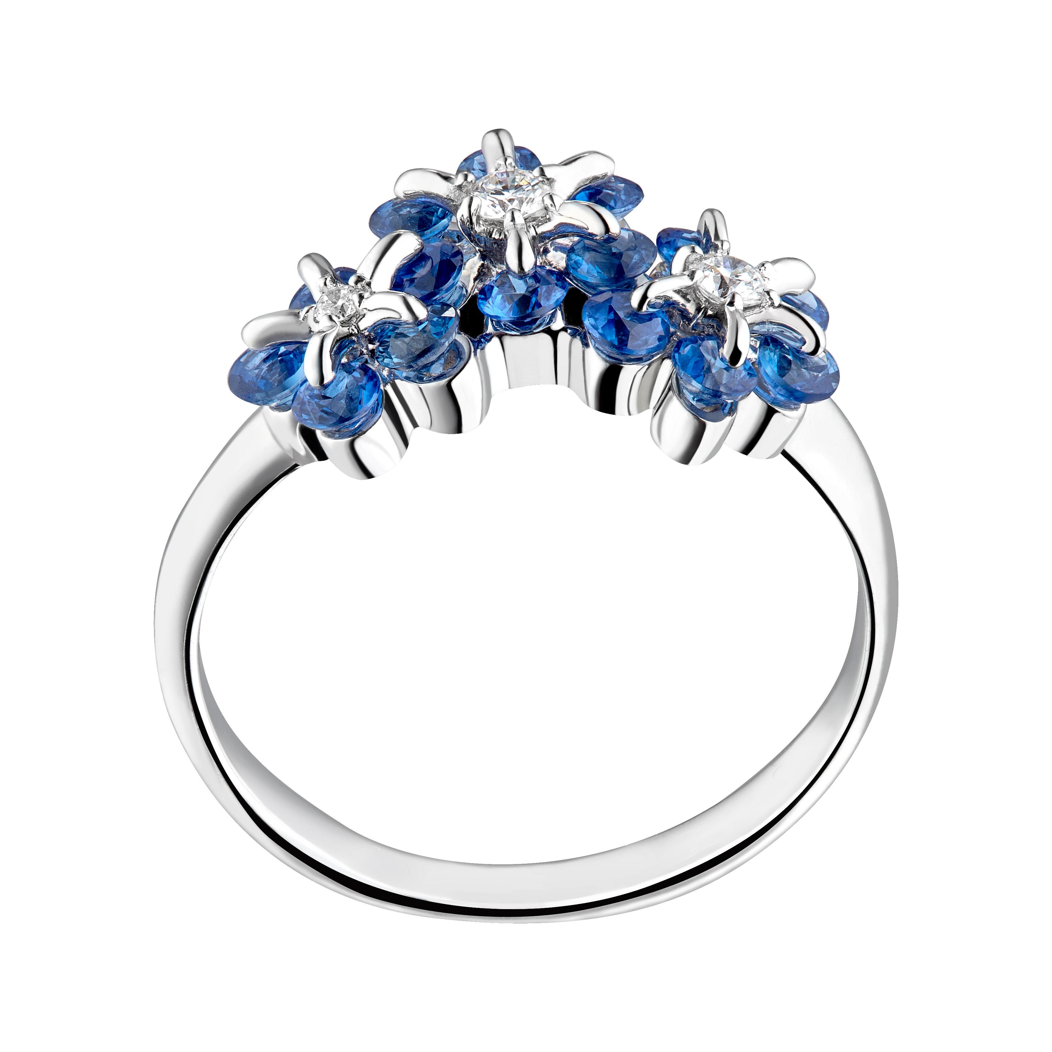 Diamond-cut blue sapphires are mounted carefully in delicate flower design, employing innovative technology.  

Internationally patented, Waltzing Brilliance technology is an innovative jewellery invention patented by a leading Russian designer,