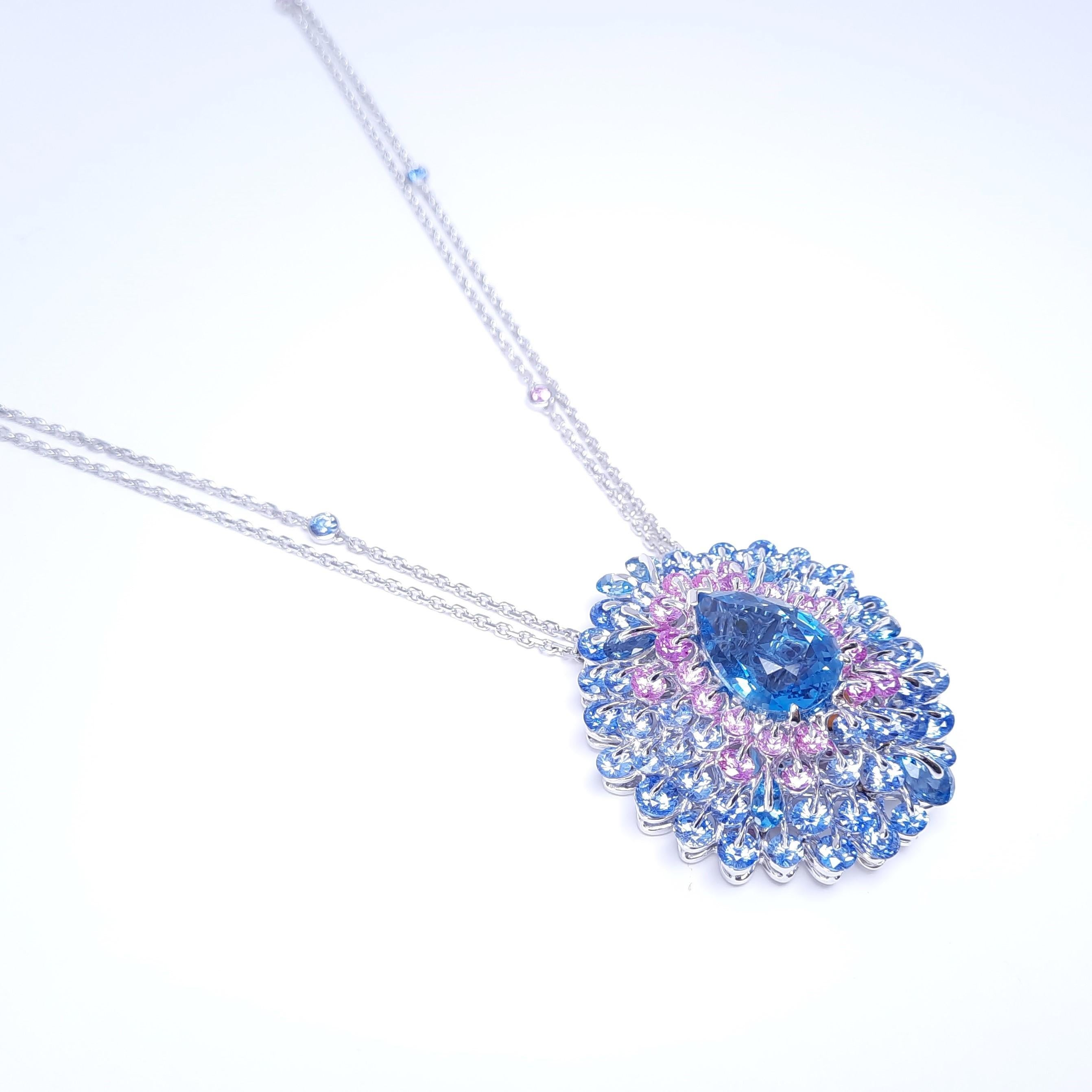Contemporary MOISEIKIN 8.43ct Santa Maria Aquamarine Diamond Sapphire Necklace For Sale
