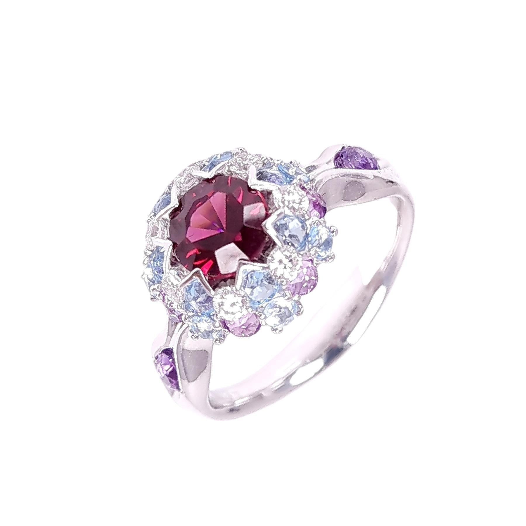 The combination of energetic bright Rhodolite garnet, sky like topaz, mysterious amethyst, and dazzling diamonds are used in the MOISEIKIN's Aurora collection, elaborating with a creative approach of an upside-down setting. Strictly selected precise