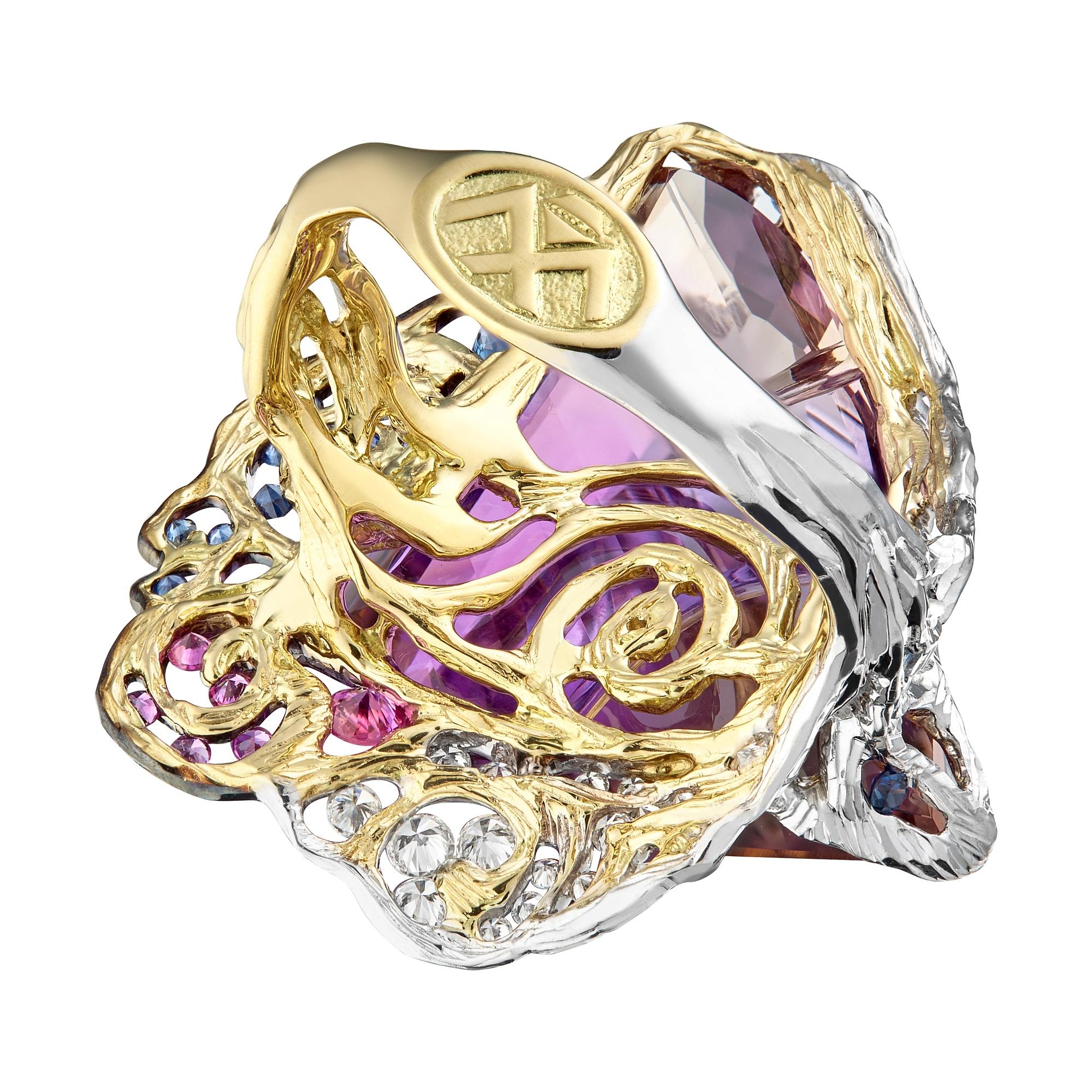 This extraordinary creation with gold, diamonds, sapphires, and fancy cut ametrine draws inspiration from none other than Van Gogh's masterpiece, 