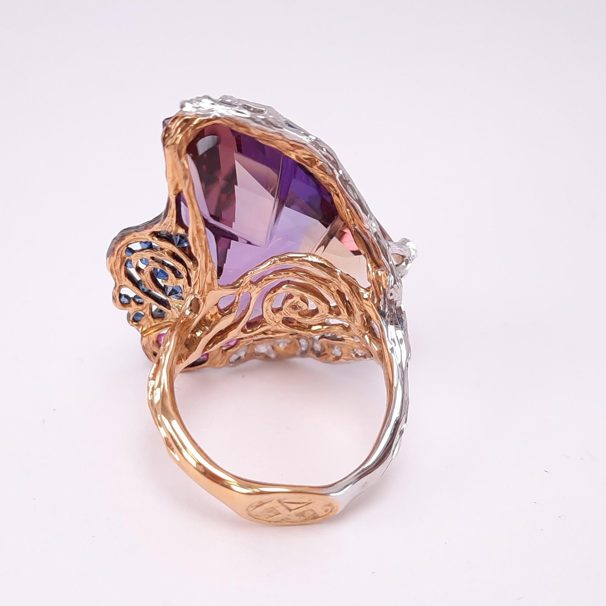 Contemporary MOISEIKIN Diamond Sapphire Ametrine Handmade Gold Ring For Sale