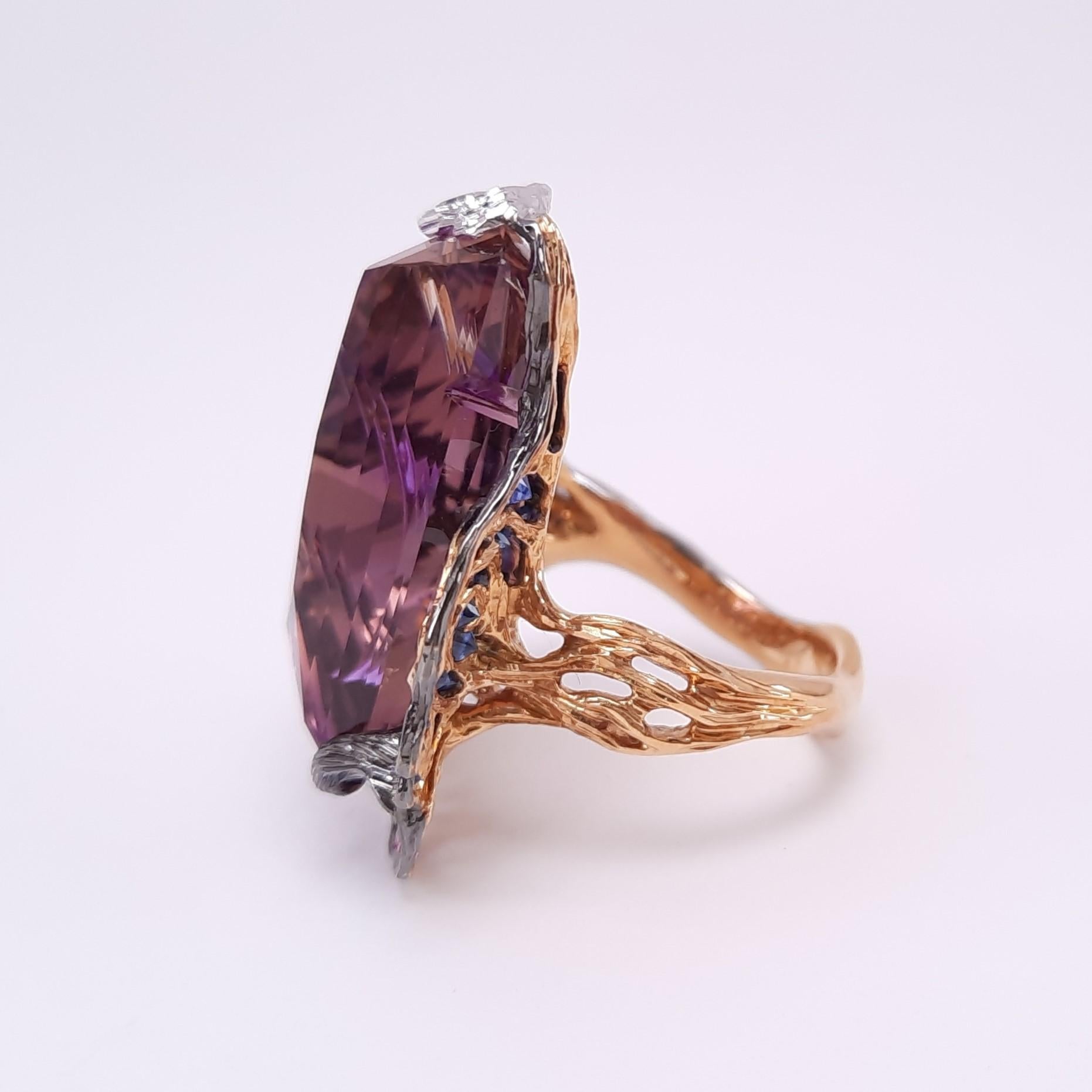 Trillion Cut MOISEIKIN Diamond Sapphire Ametrine Handmade Gold Ring For Sale
