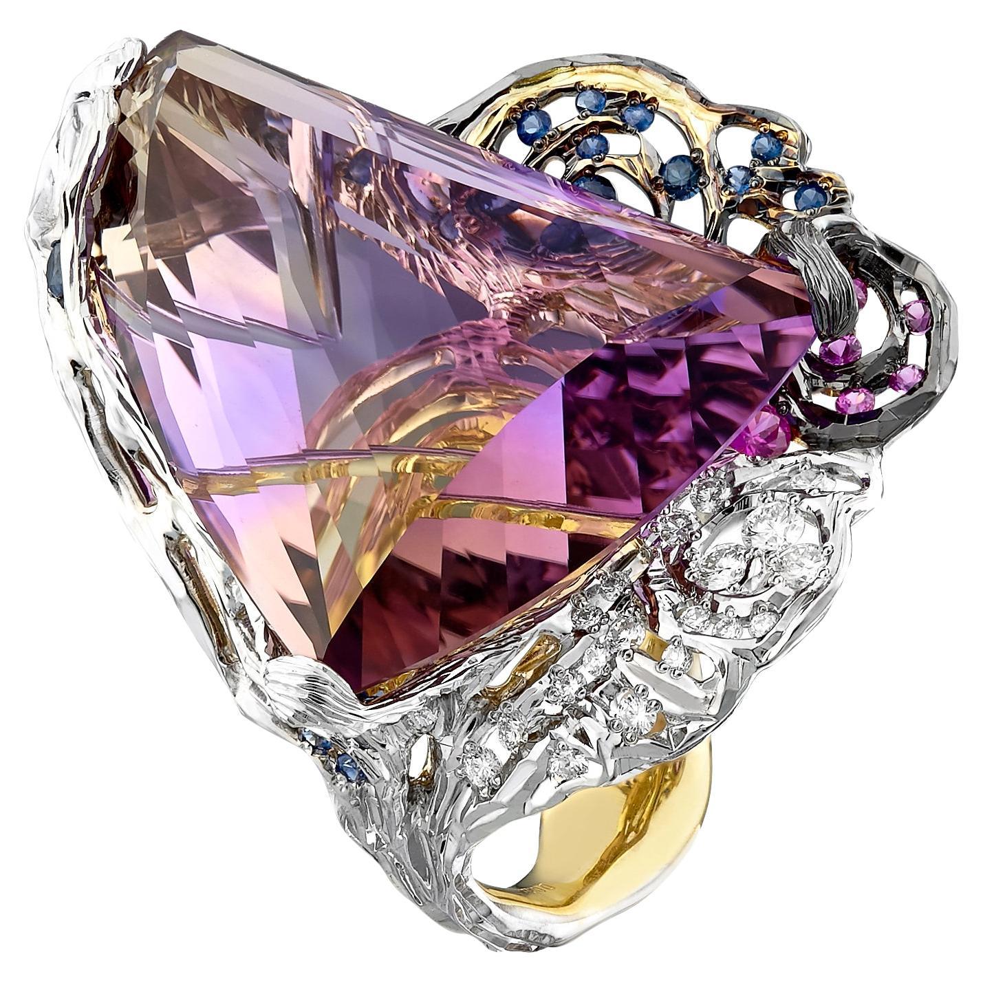 MOISEIKIN Diamond Sapphire Ametrine Handmade Gold Ring For Sale