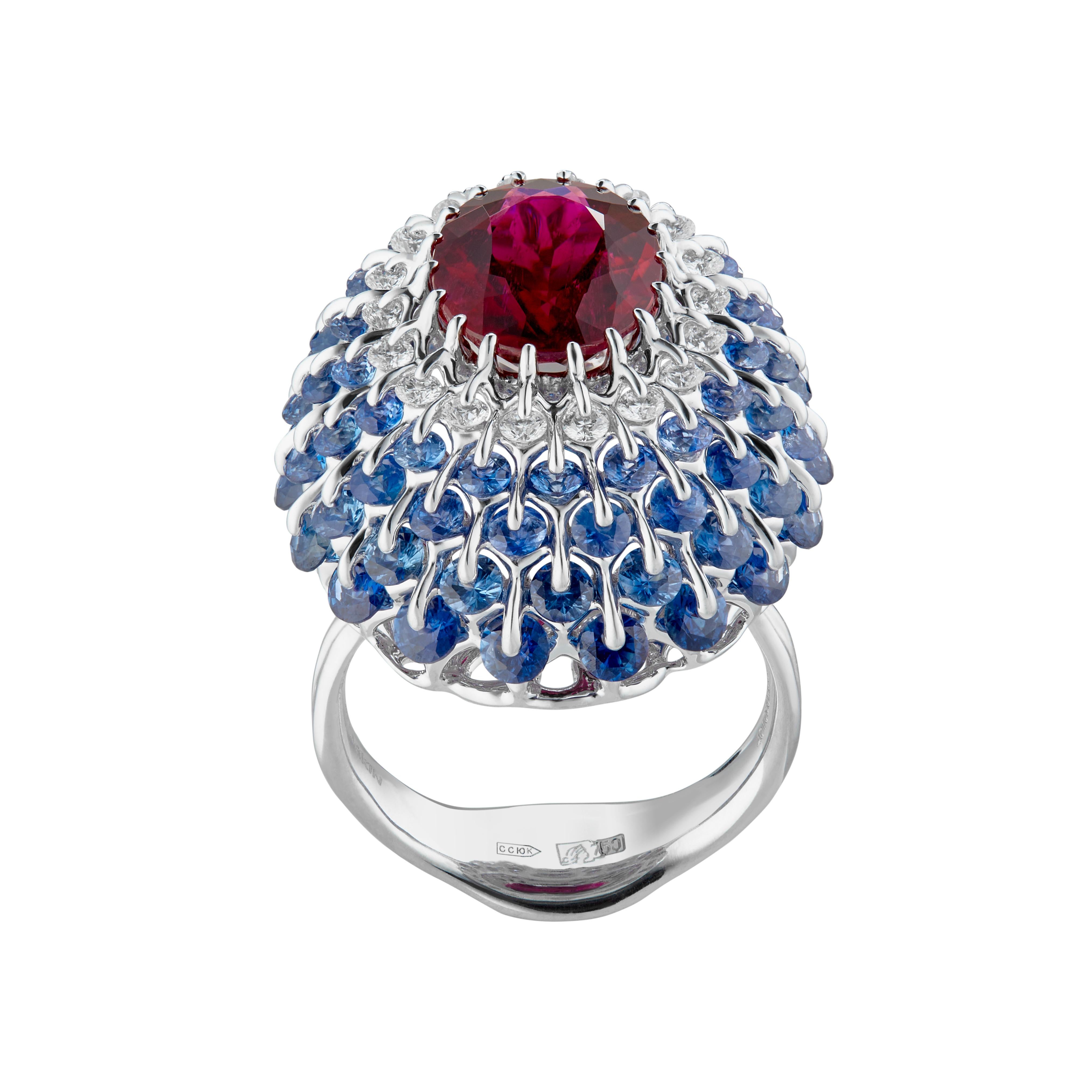 Contemporary Moiseikin Rubellite Tourmaline Diamond Sapphire Cocktail Ring For Sale