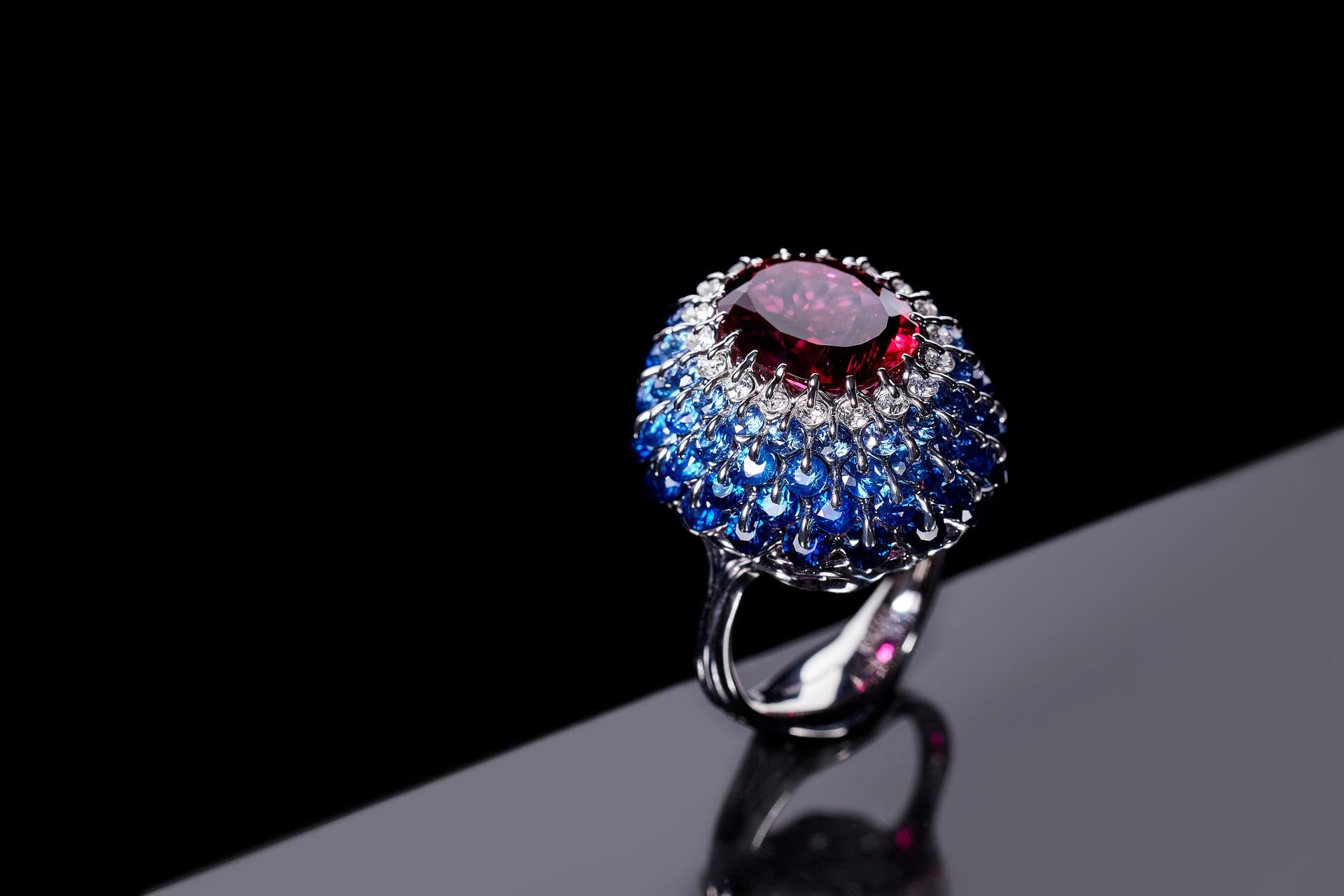 Moiseikin Bague cocktail en rubellite, tourmaline, diamant et saphir Pour femmes en vente