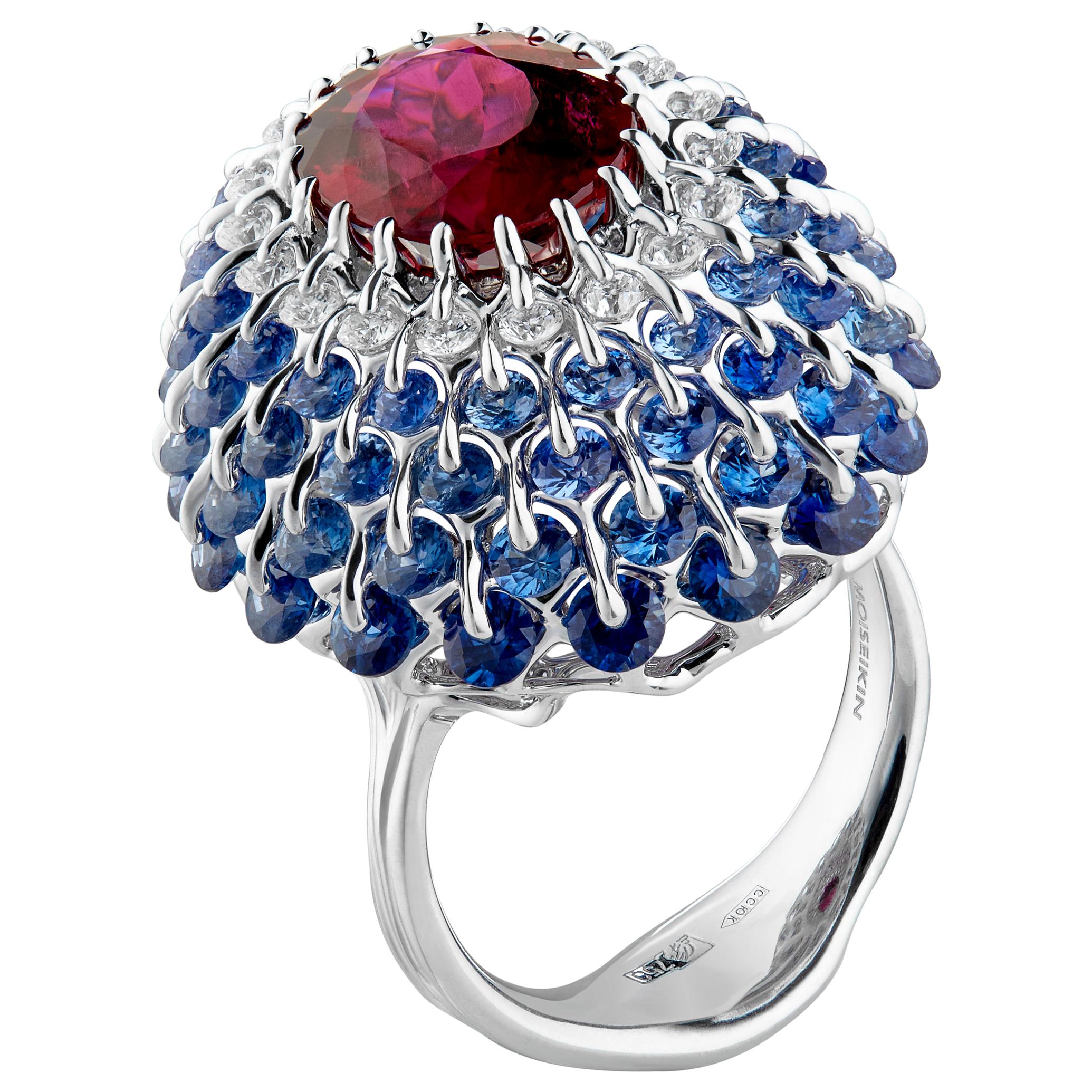 Moiseikin Rubellite Tourmaline Diamond Sapphire Cocktail Ring