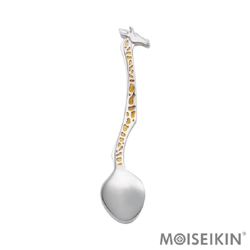 The Giraffe spoon of the MOISEIKIN®  is made of  925 sterling silver with indium, rhodium and careful gilding. Adding indium preserves the glossy look and its durability and  a thin layer of metal from the platinum group - rhodium makes the spoon