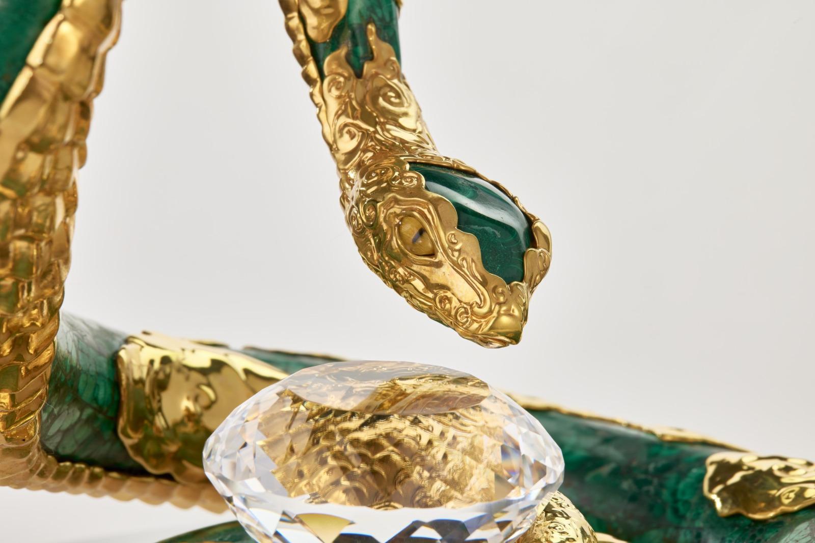 Round Cut MOISEIKIN Silver Gold Plated Fortune Serpent Art Object For Sale