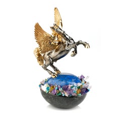 MOISEIKIN SV925 Gold Plated Pegasus Miniature on a jewelled moneystone