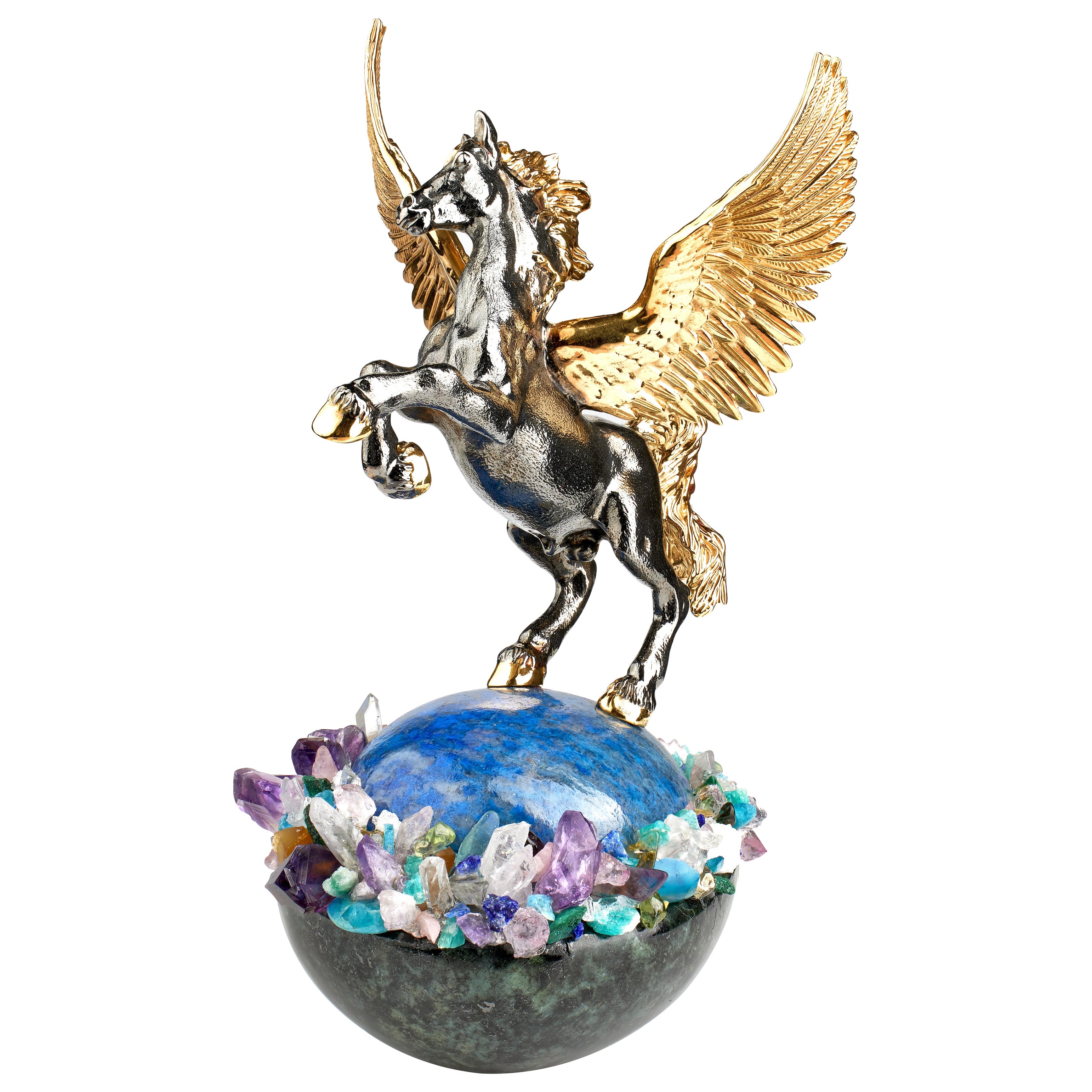 MOISEIKIN SV925 Gold Plated Pegasus Miniature on a jewelled moneystone For Sale