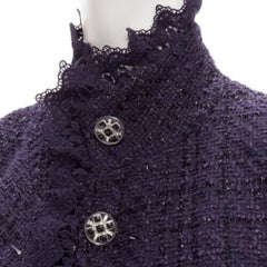 MOISELLE navy blue metallic tweed ruffle trim  4 pocket long jacket coat FR38 M