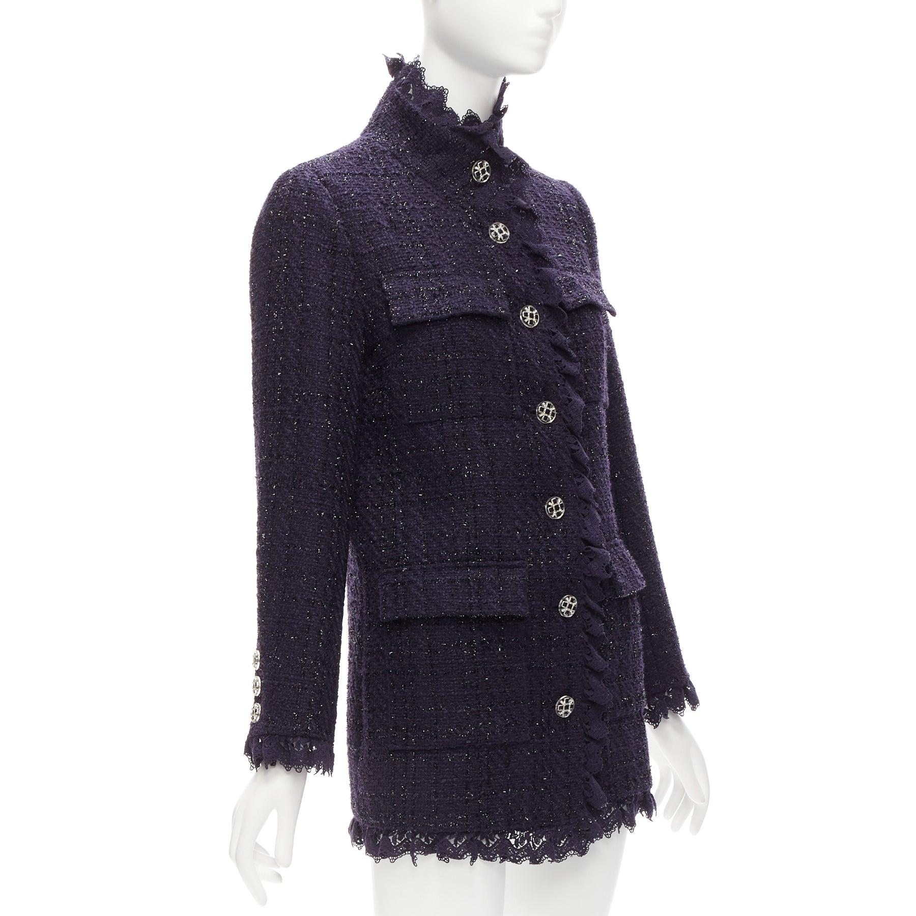 Black MOISELLE navy blue metallic tweed ruffle trim  4 pocket long jacket coat FR38 M For Sale