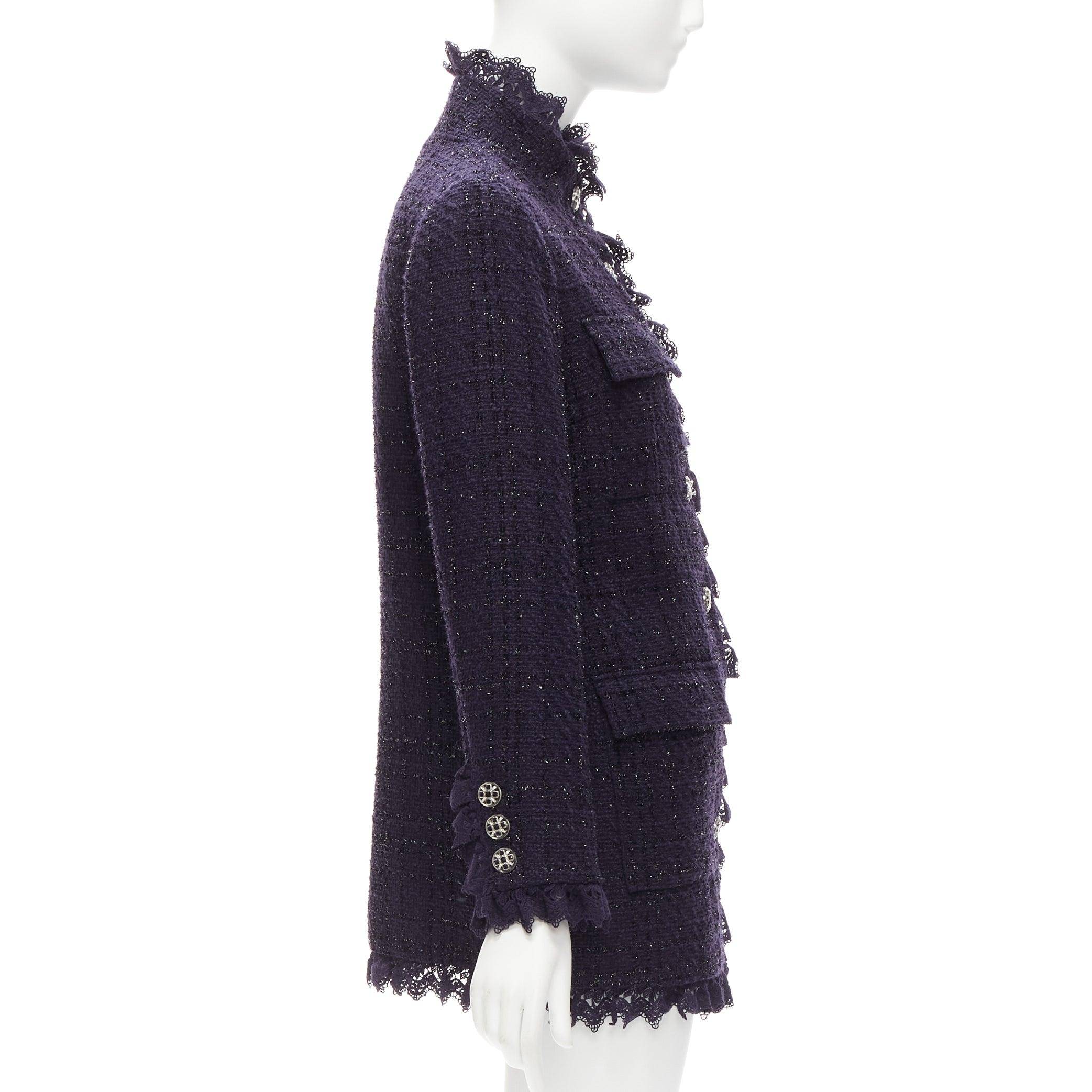 MOISELLE navy blue metallic tweed ruffle trim  4 pocket long jacket coat FR38 M In New Condition For Sale In Hong Kong, NT