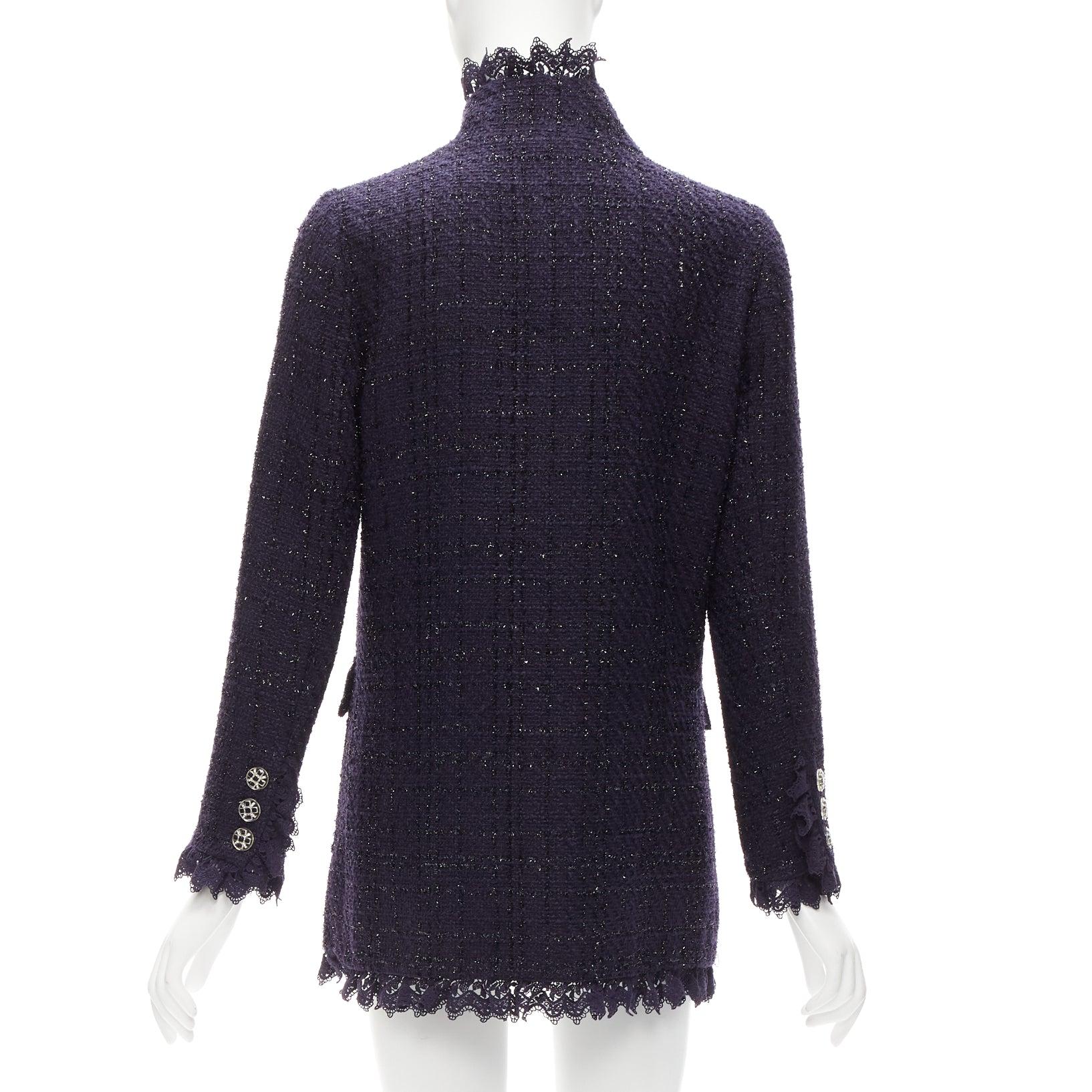 Women's MOISELLE navy blue metallic tweed ruffle trim  4 pocket long jacket coat FR38 M For Sale