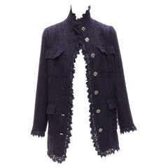 MOISELLE navy blue metallic tweed ruffle trim  4 pocket long jacket coat FR38 M