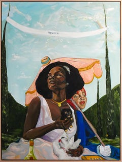 "En Plein Air" Figurative Portrait of Two Elegantly Dressed Women in a Garden