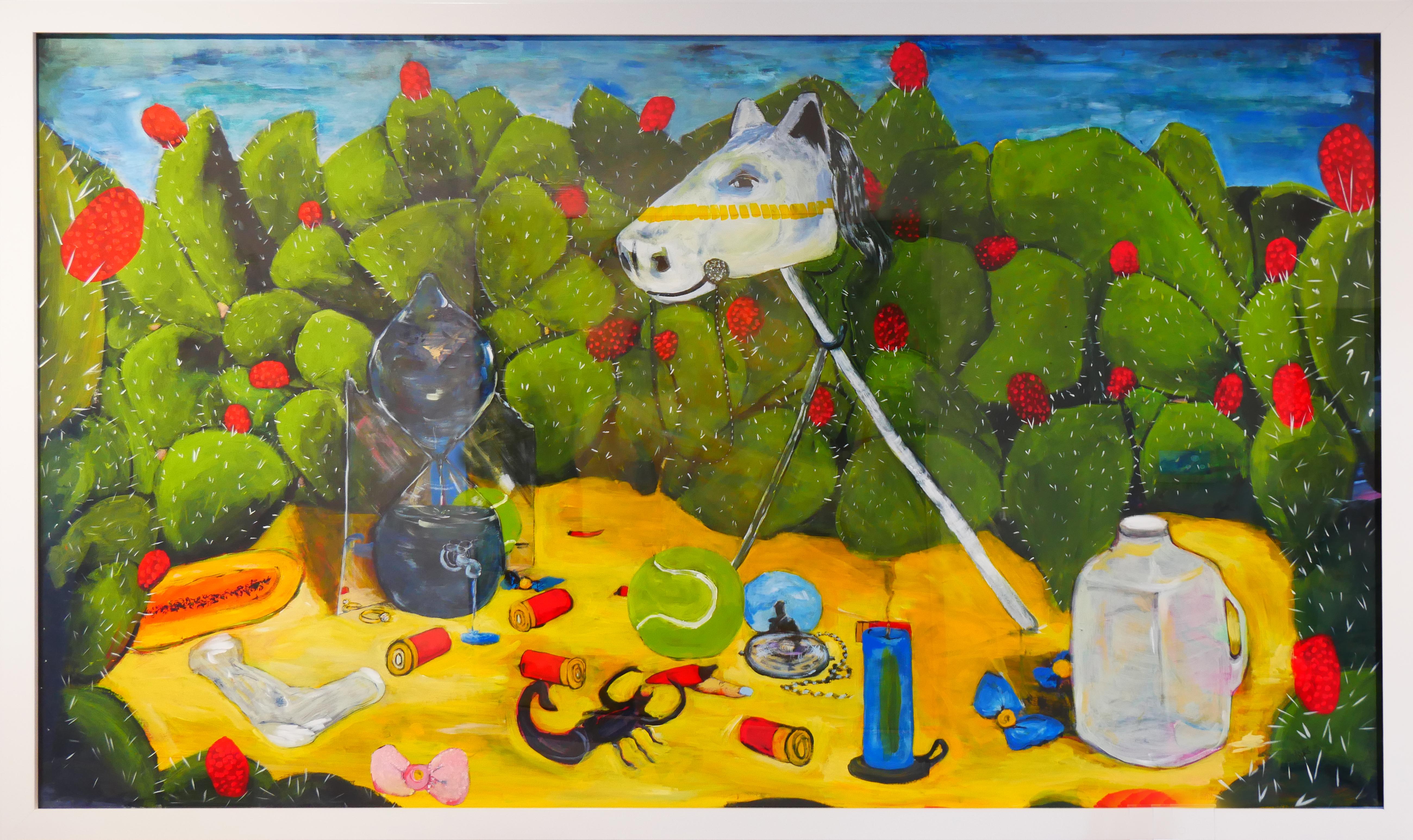 Moises Villafuerte Landscape Painting - "Encuentros" Contemporary Surrealist Desert Landscape with A Hobby Horse