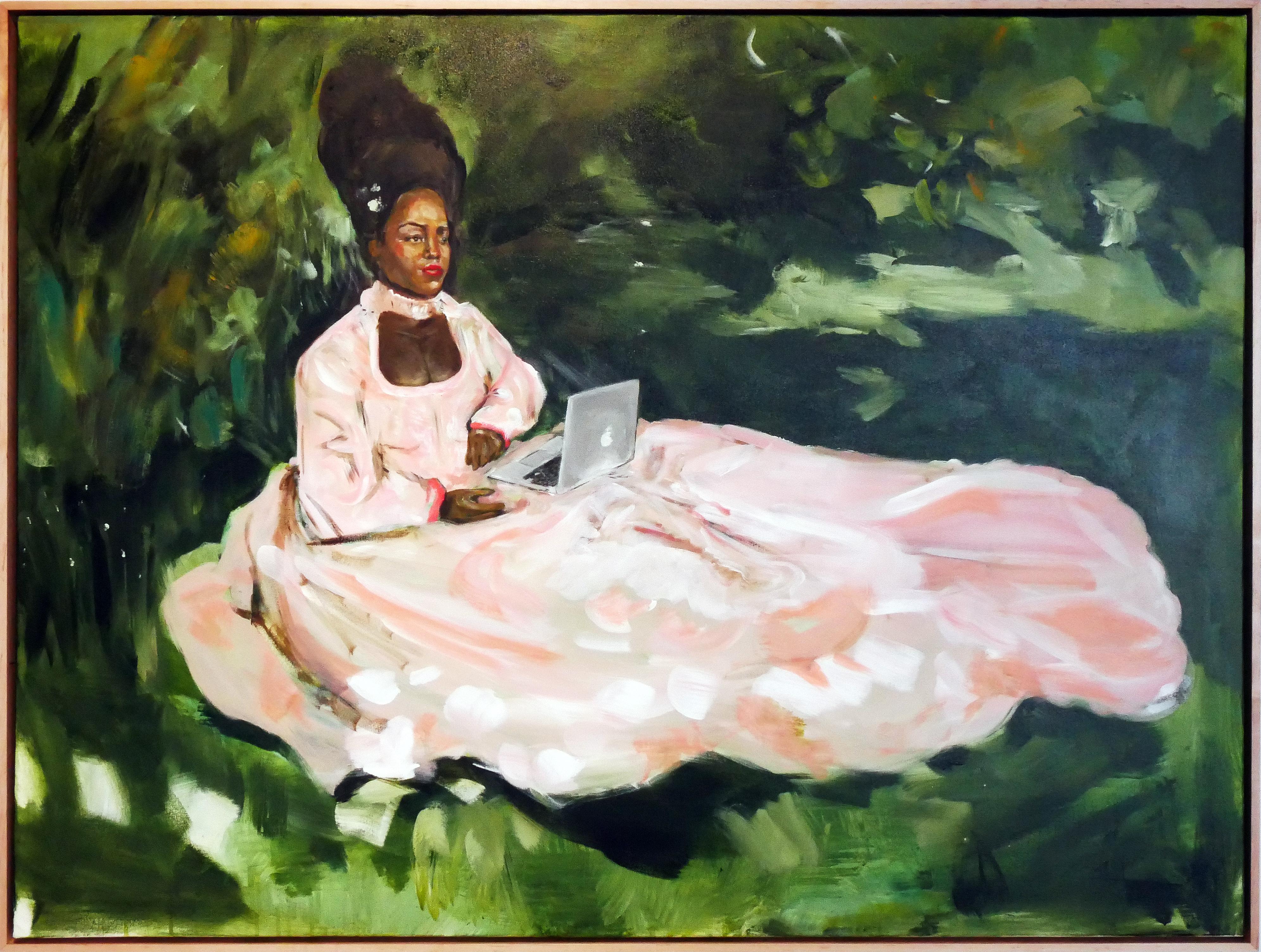 Moises Villafuerte Portrait Painting - "Lady in a the Field of Green" Figurative Portrait of an Elegantly Dressed Woman