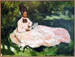 "Lady in a the Field of Green" Figurative Portrait of an Elegantly Dressed Woman