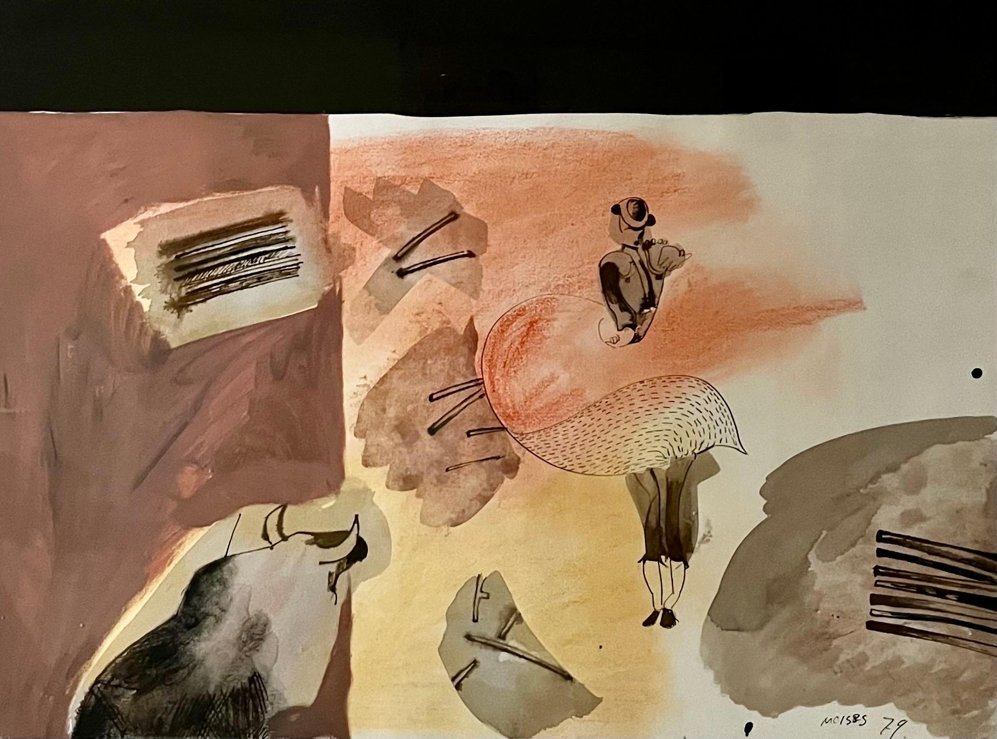 Mexican Abstract Watercolor, Ink, Pastel Bullfight Painting Moises Zabludovsky For Sale 1
