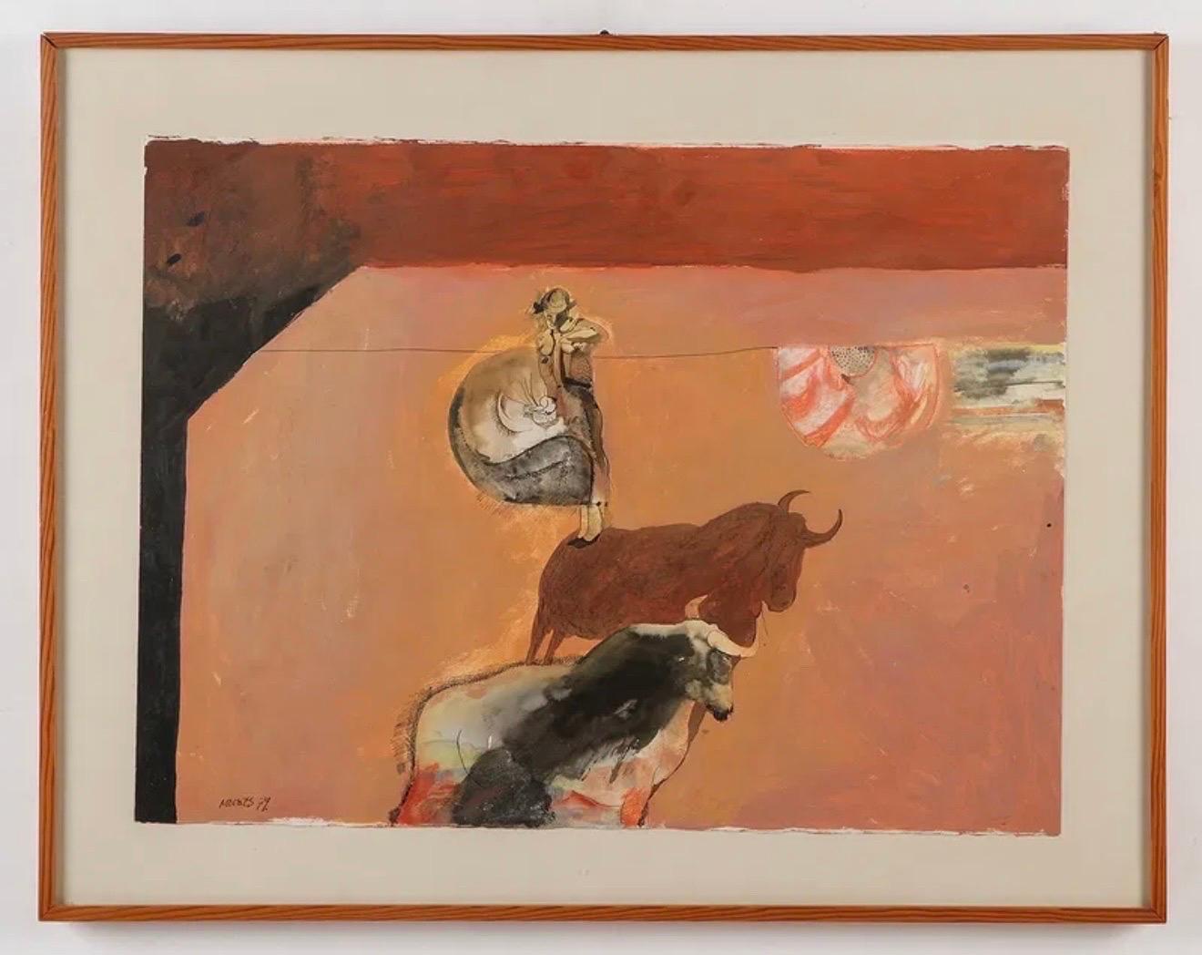 Mexican Abstract Watercolor, Ink, Pastel Bullfight Painting Moises Zabludovsky For Sale 1