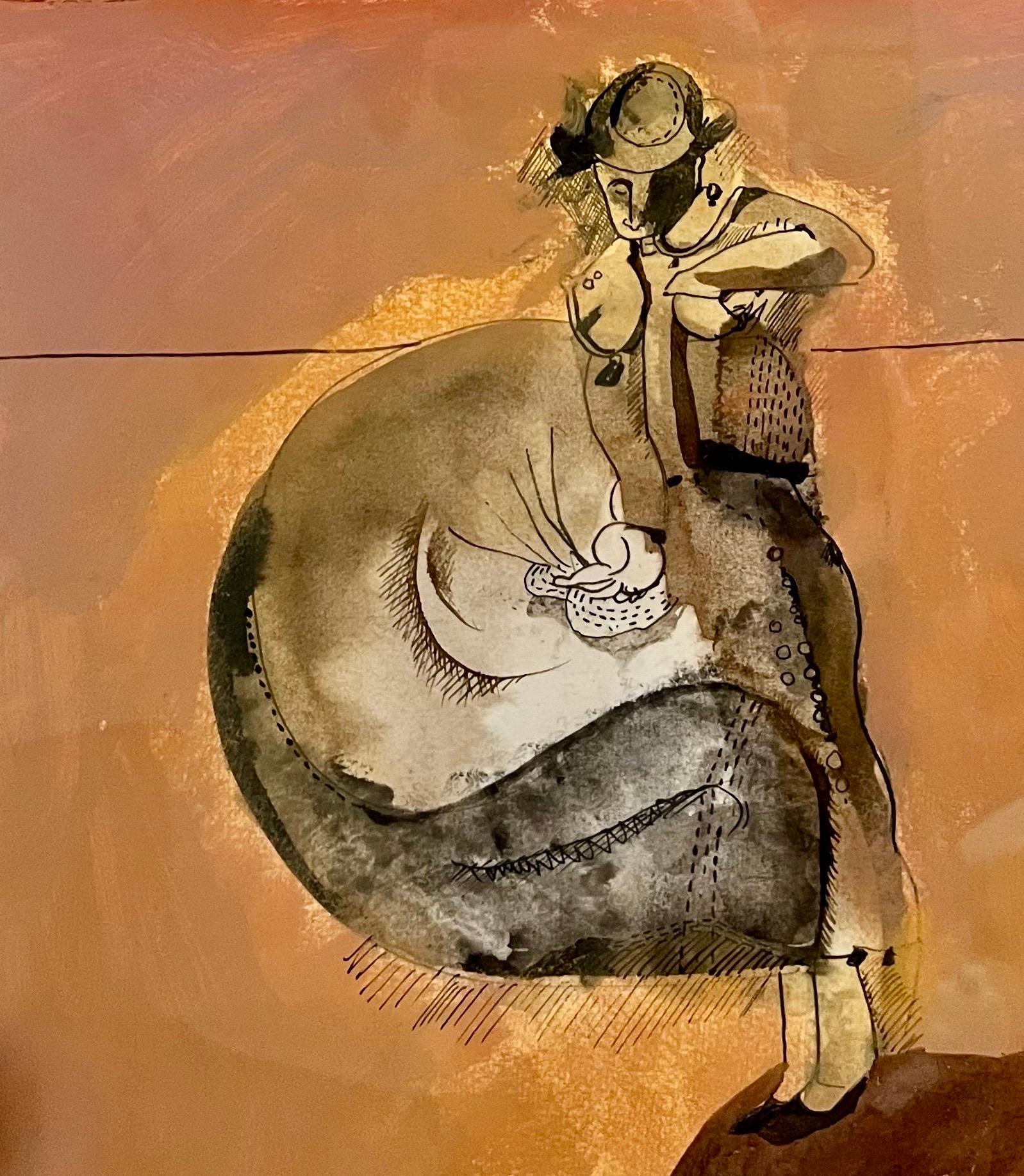 Mexican Abstract Watercolor, Ink, Pastel Bullfight Painting Moises Zabludovsky For Sale 3