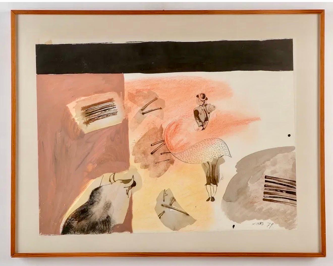 Mexican Abstract Watercolor, Ink, Pastel Bullfight Painting Moises Zabludovsky For Sale 4