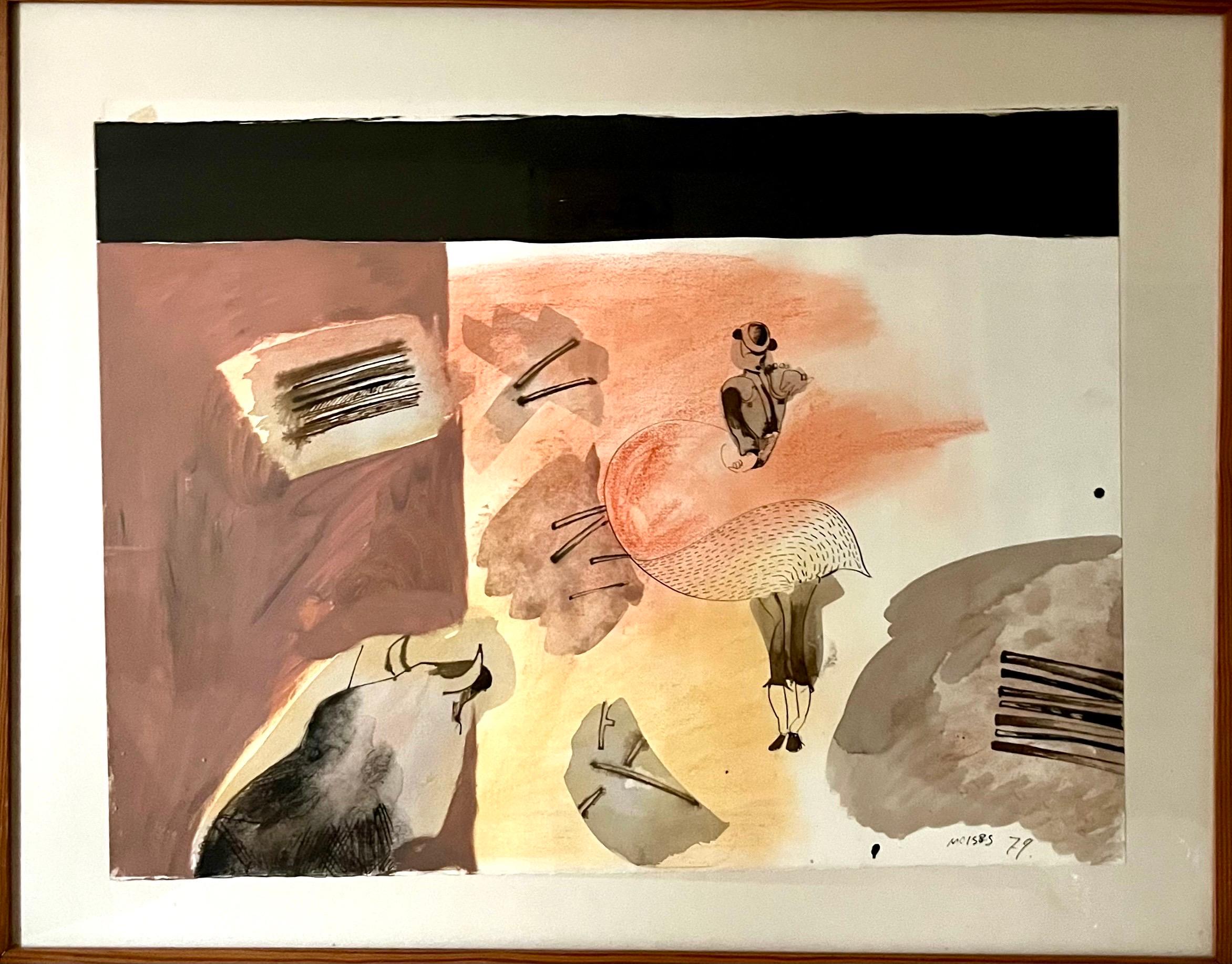 Mexican Abstract Watercolor, Ink, Pastel Bullfight Painting Moises Zabludovsky