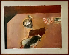 Mexican Abstract Watercolor, Ink, Pastel Bullfight Painting Moises Zabludovsky