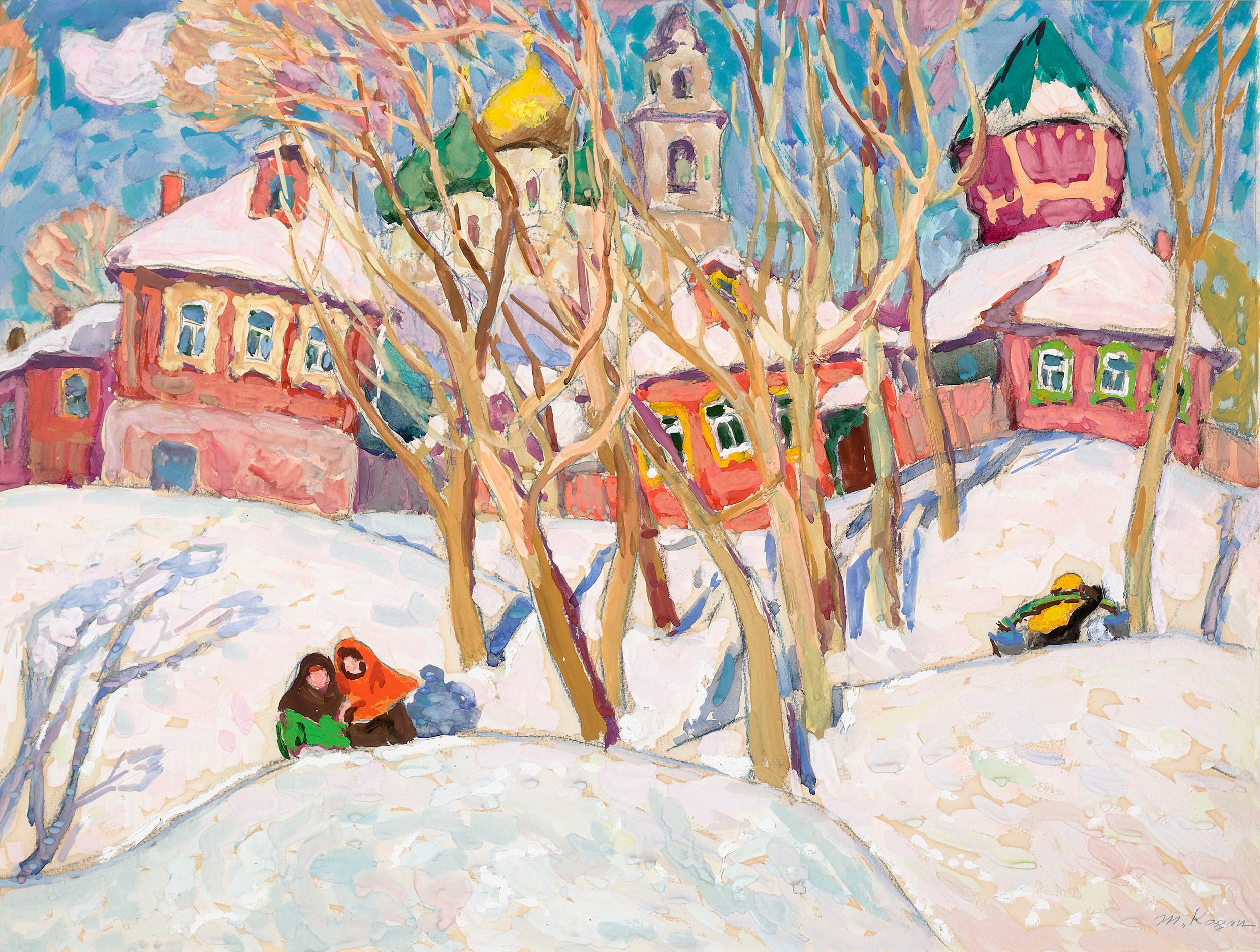 Russian Winter Scene - Beige Landscape Painting by Moisey Kogan