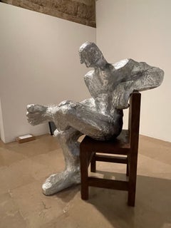 Escultura Abstracta Hombre Grande, Metal Marrón Oxidado y Resina Plateada Interior / Exterior