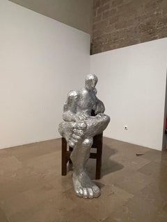 Abstract Men Large Sculpture, Brown Rusted Metal & Silver Resin Indoor / Outdoor