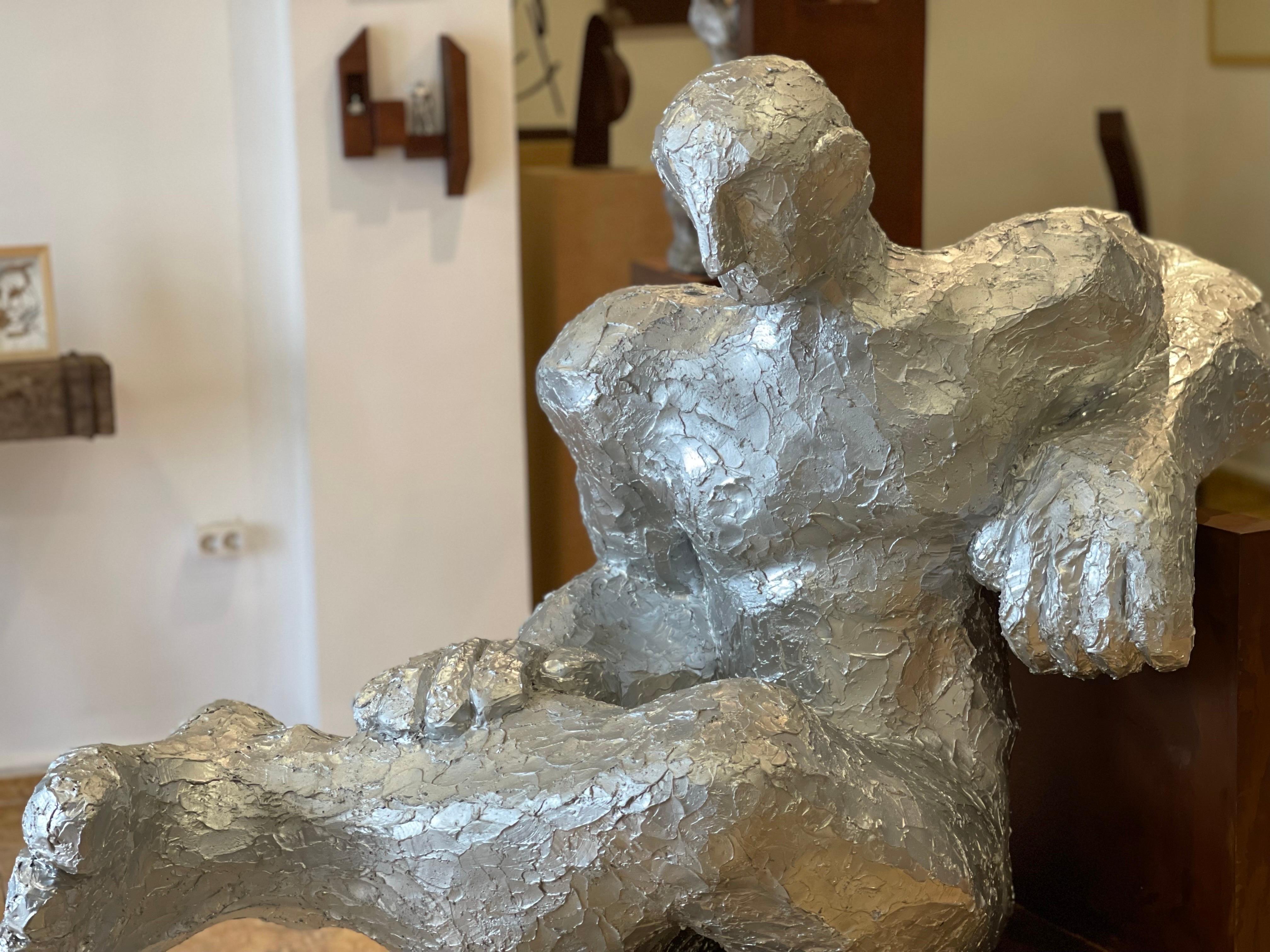 Abstract Men Large Sculpture, Brown Rusted Metal & Silver Resin Indoor / Outdoor 1
