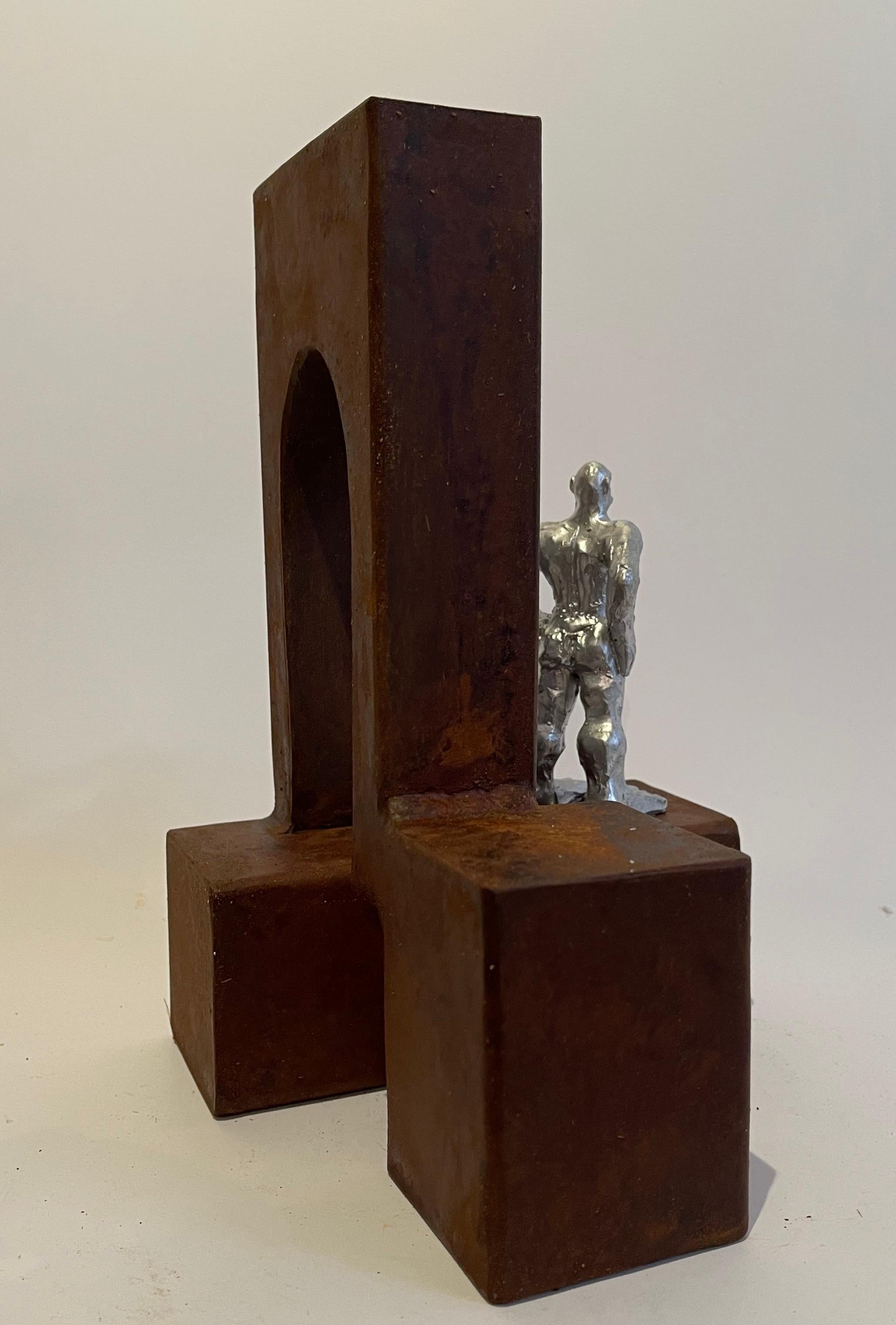 Abstract Men Sculpture Brown Rusted Metal Silver Resin  For Sale 4