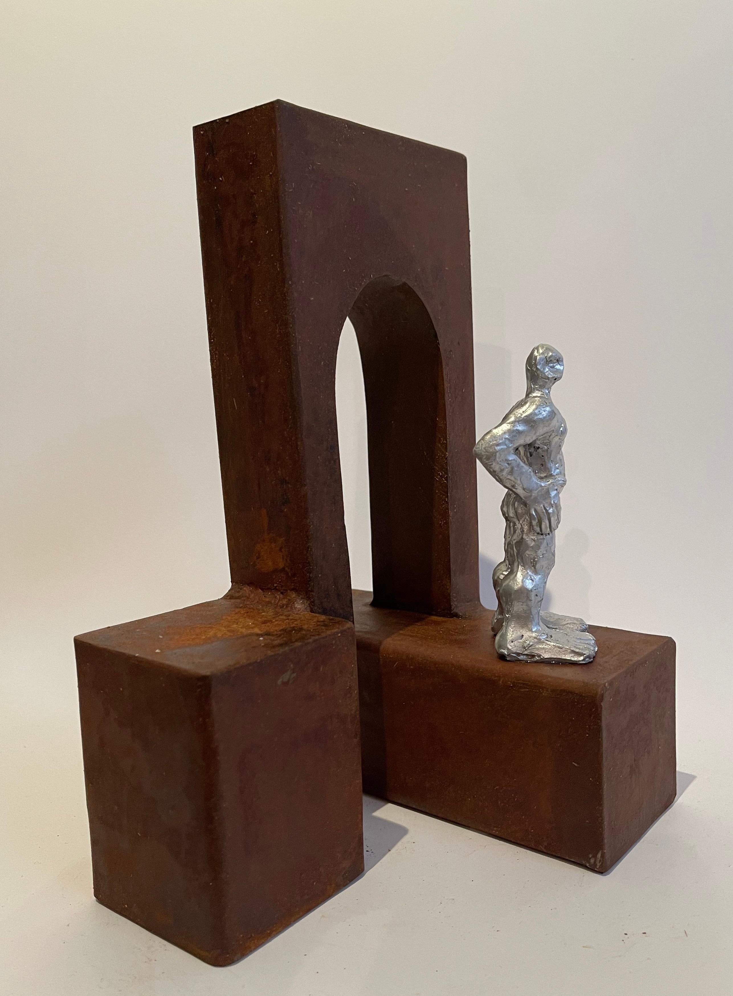 Abstract Men Sculpture Brown Rusted Metal Silver Resin  For Sale 5