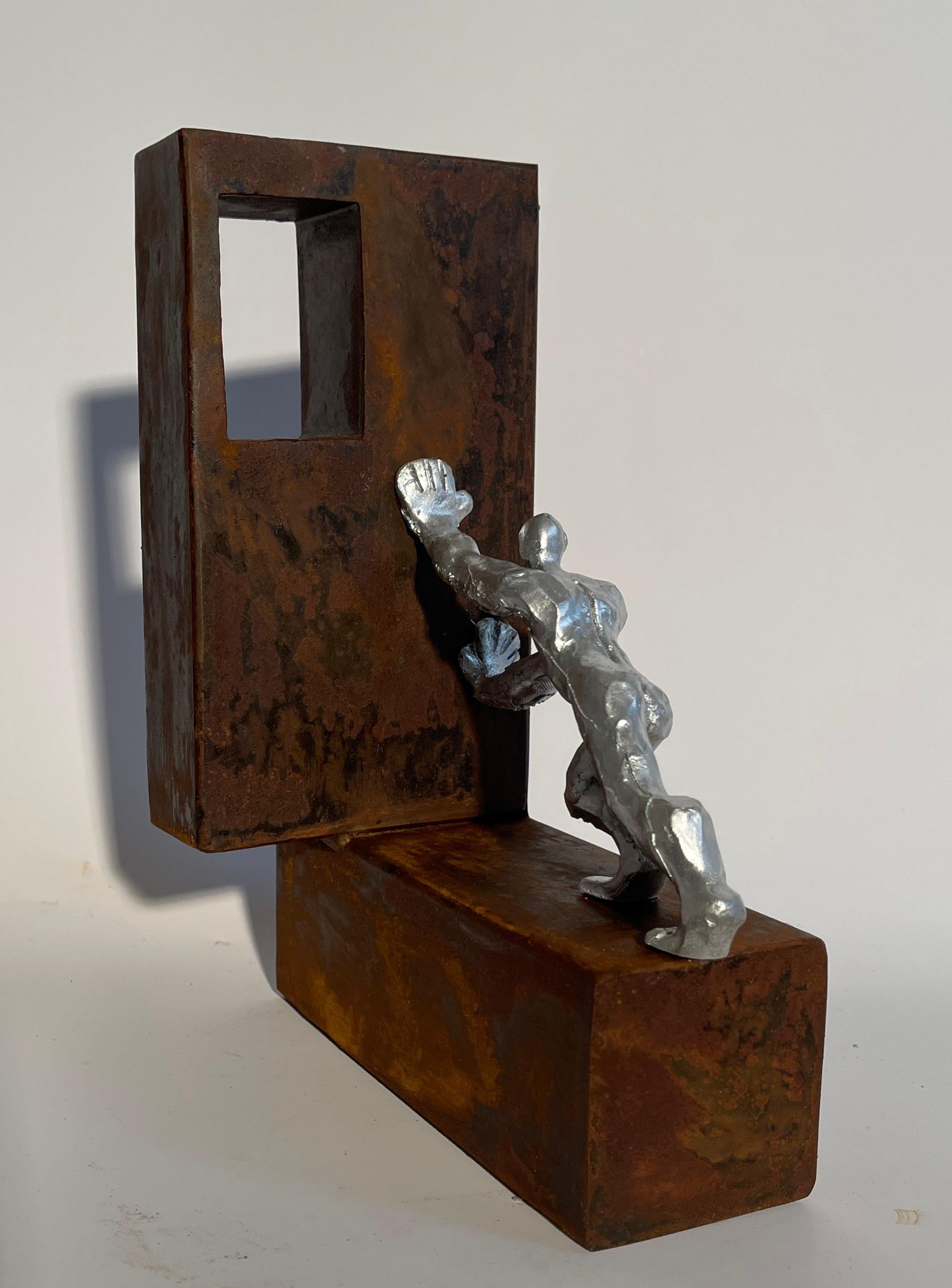 Abstract Men Sculpture Brown Rusted Metal Silver Resin  - Contemporary Art by Moisés Gil
