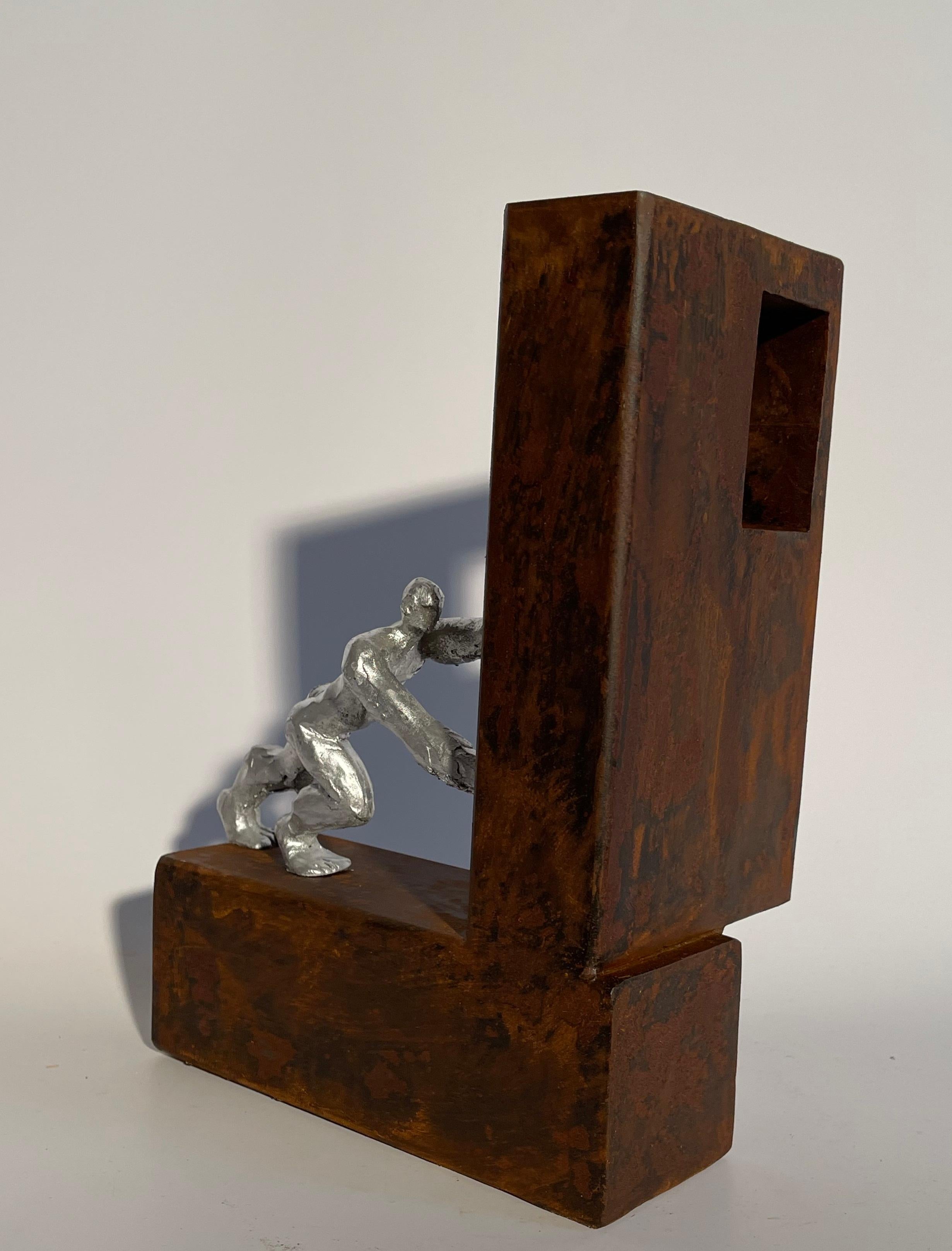 Abstract Men Sculpture Brown Rusted Metal Silver Resin  For Sale 1