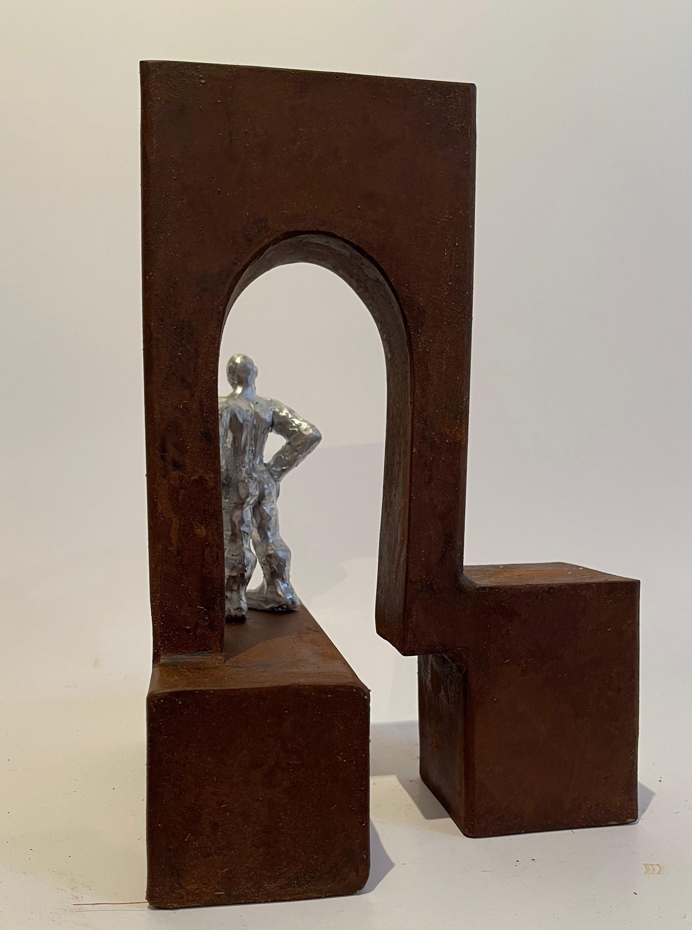 Abstract Men Sculpture Brown Rusted Metal Silver Resin  For Sale 2