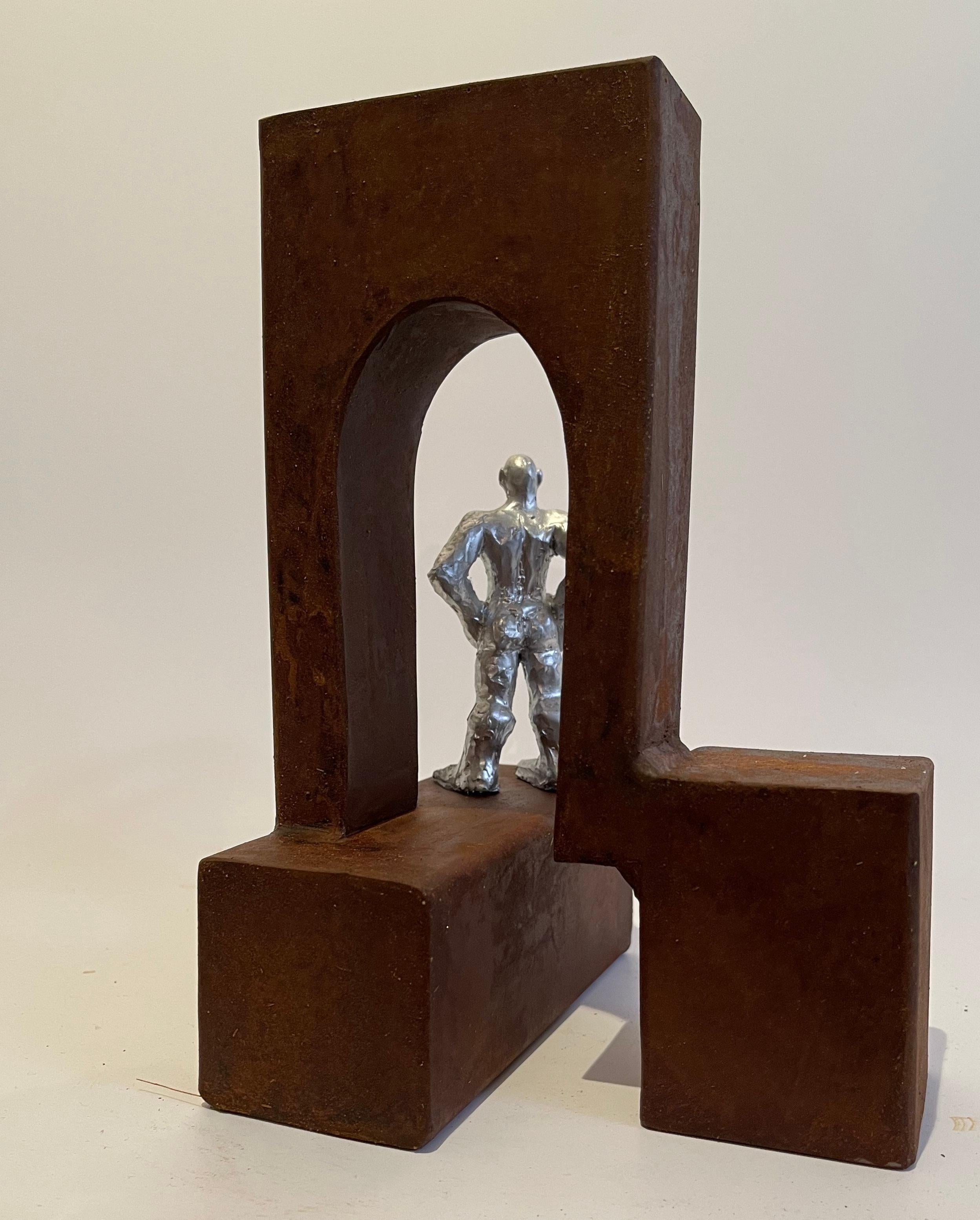 Abstract Men Sculpture Brown Rusted Metal Silver Resin  For Sale 3