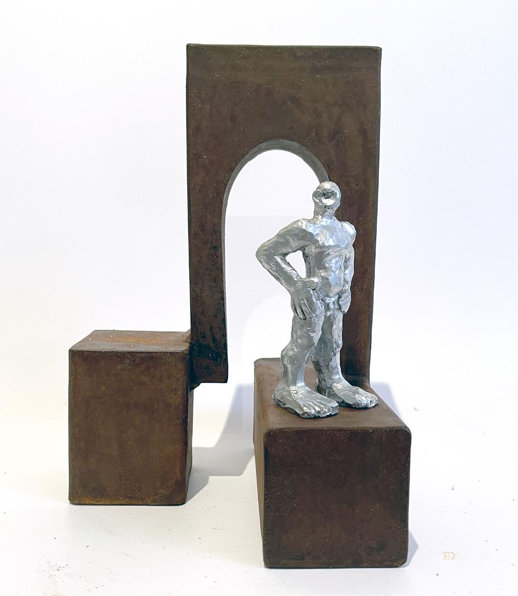 Moisés Gil Figurative Sculpture - Abstract Men Sculpture Brown Rusted Metal Silver Resin 