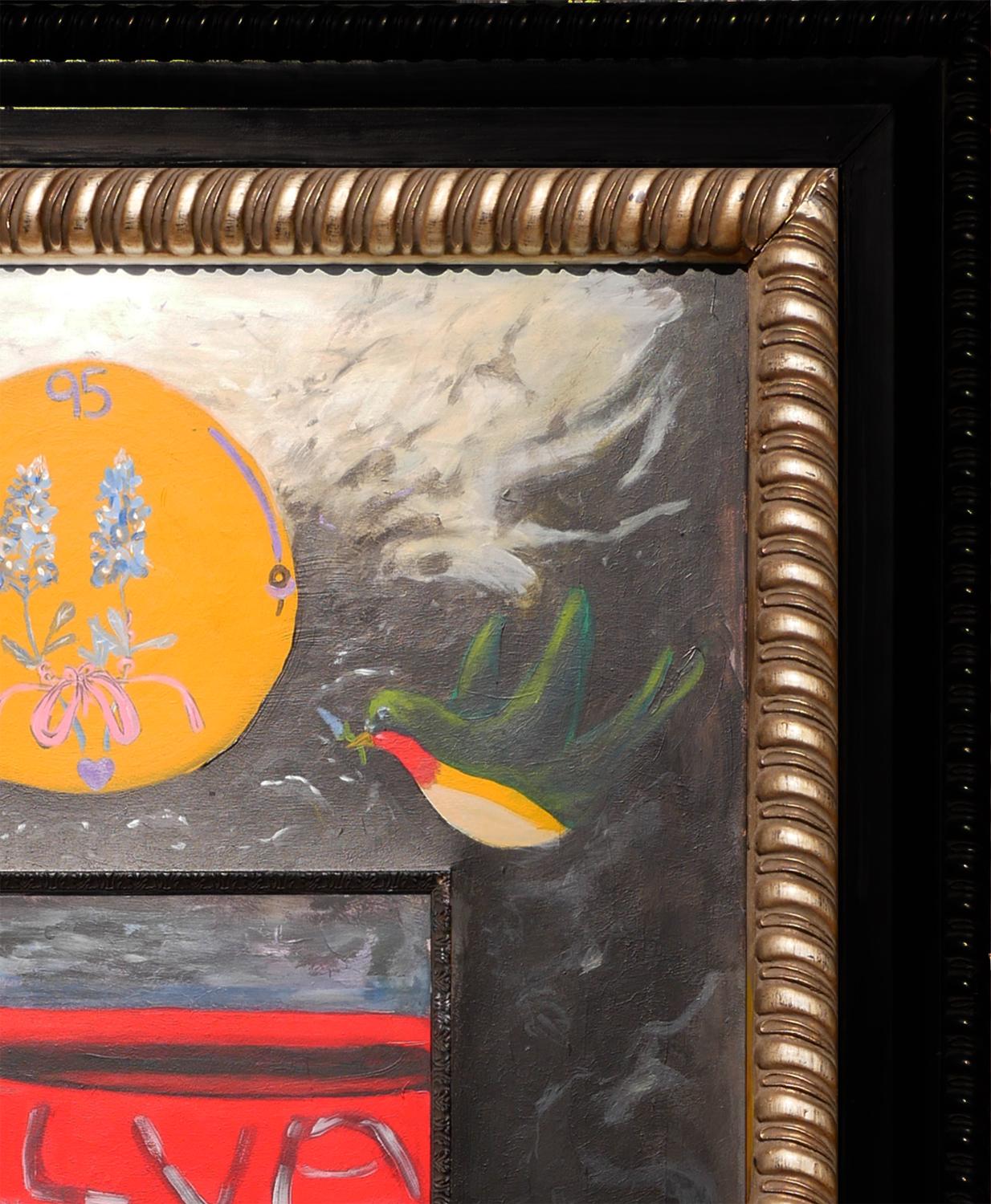 Buntes abstraktes zeitgenössisches surrealistisches Gemälde des Künstlers Moisés Villafuerte aus Houston, TX. Das Gemälde zeigt eine stürmische See mit zwei Vögeln und einem gerahmten Bild eines roten Rettungsbootes innerhalb des größeren Gemäldes.