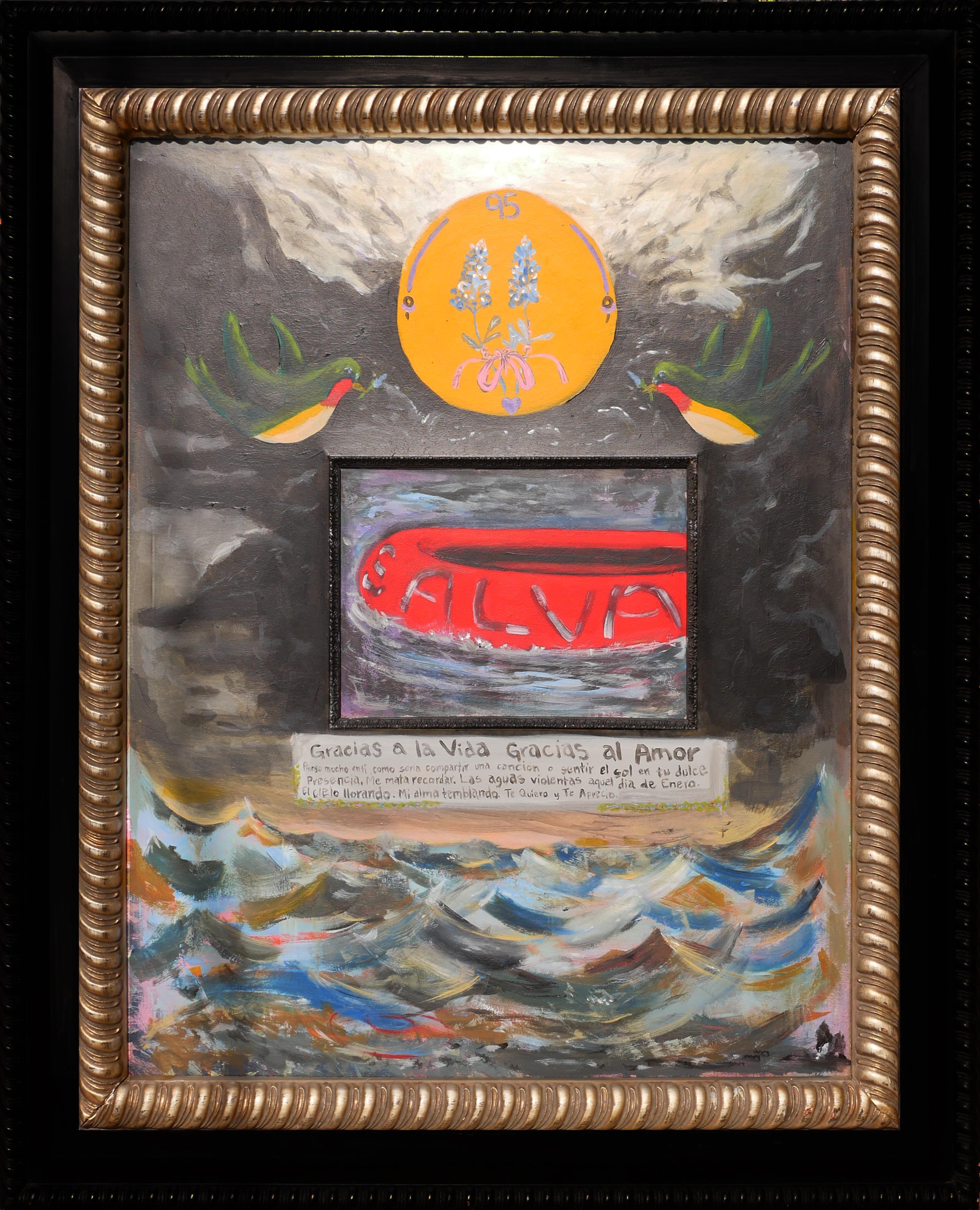 Moisés Villafuerte Landscape Painting - Abstract Contemporary Surrealist Three Dimensional Stormy Sea Landscape w/ Text