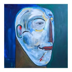 "Chente, El Luchador" Contemporary Abstract Portrait of Male Figure Against Blue