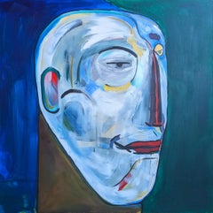 "Chente, El Luchador" Contemporary Abstract Portrait of Male Figure Against Blue