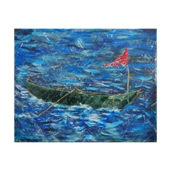 "Chubasco" Green, Red, and Blue Contemporary Stormy Seascape Painting
