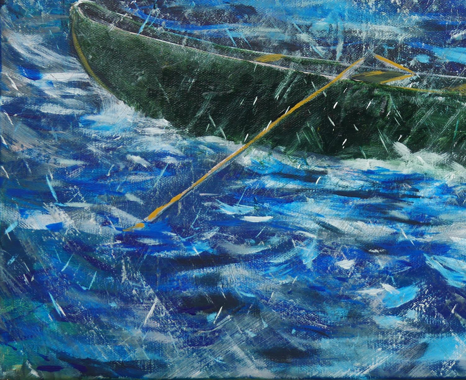 Dark blue seascape landscape by Houston, TX artist Moisés Villafuerte. The painting depicts a stormy sea with a green small wooden boat with a red flag. The piece is signed by the artist at the back. Unframed but framing options are