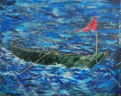 "Chubasco" Green, Red, and Blue Contemporary Stormy Seascape Painting